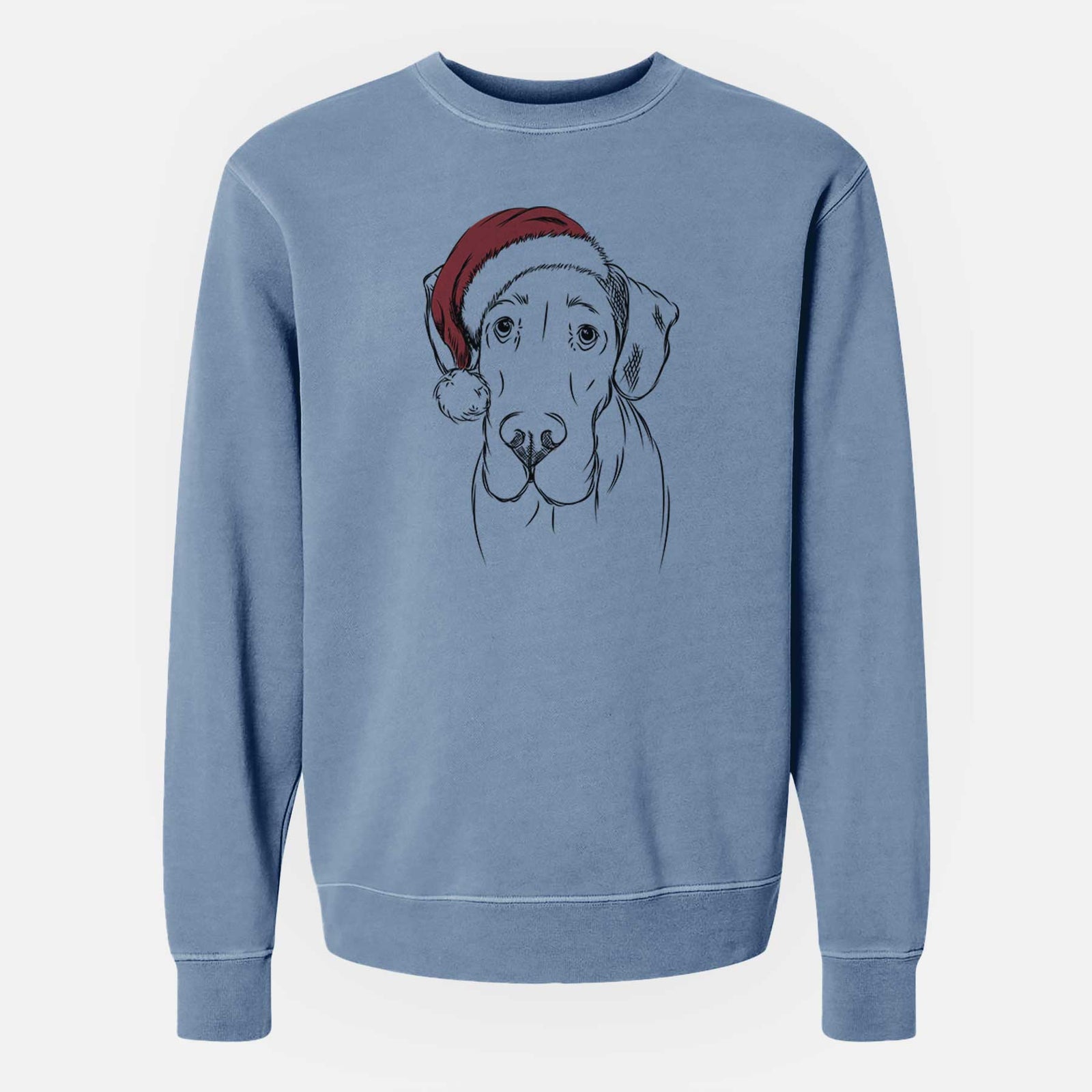 Hand-drawn sketch of Titus the Great Dane wearing a Santa hat on a Slate Blue Unisex pigment dyed crew sweatshirt