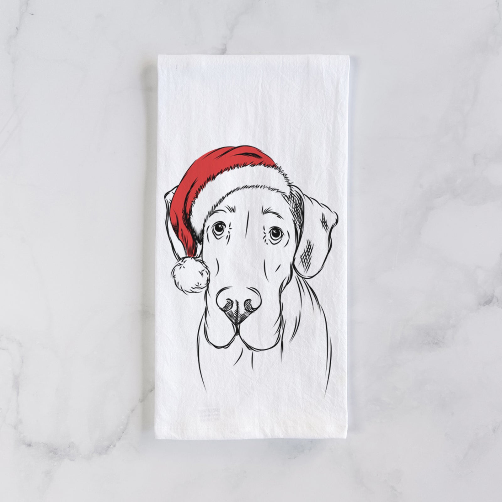 Hand-drawn sketch of Titus the Great Dane wearing a Santa hat on a tea towel