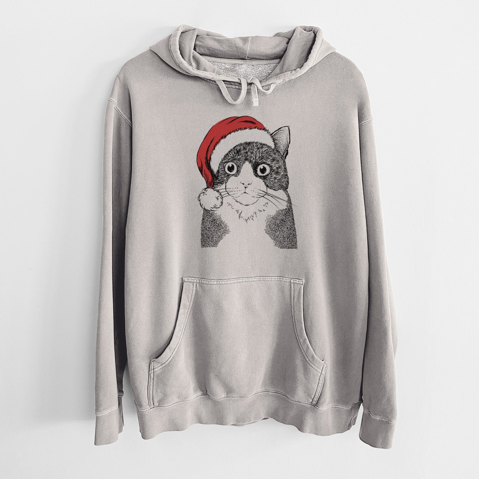 Hand-drawn sketch of Tux the Tuxedo Cat wearing a Santa hat on a Cement Unisex pigment dyed hoodie
