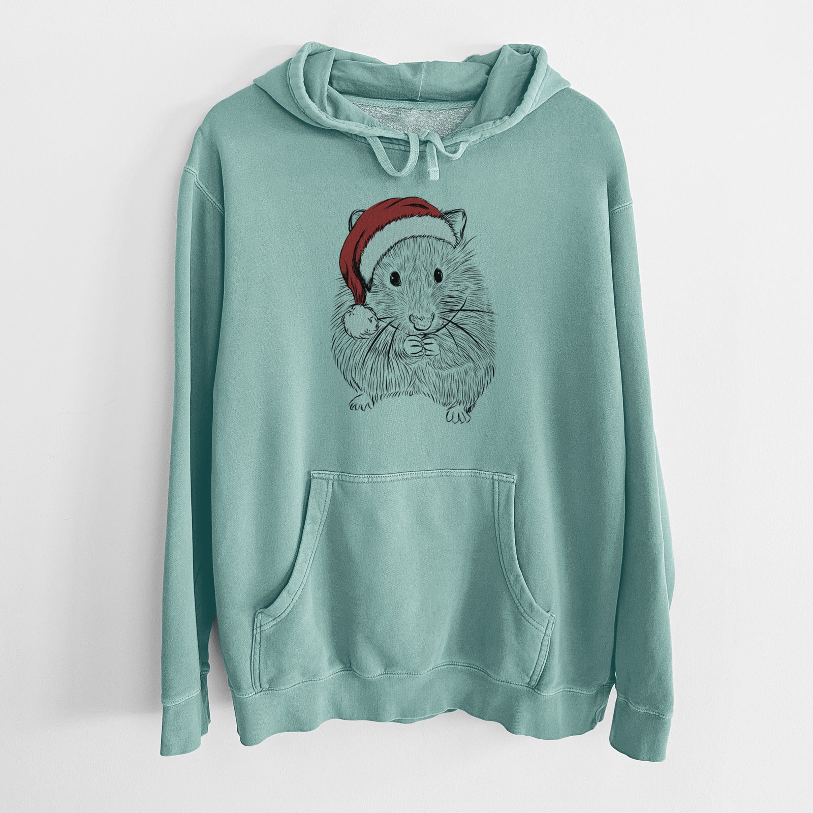 Hand-drawn sketch of Twitch the Hamster wearing a Santa hat on a Mint Unisex pigment dyed hoodie