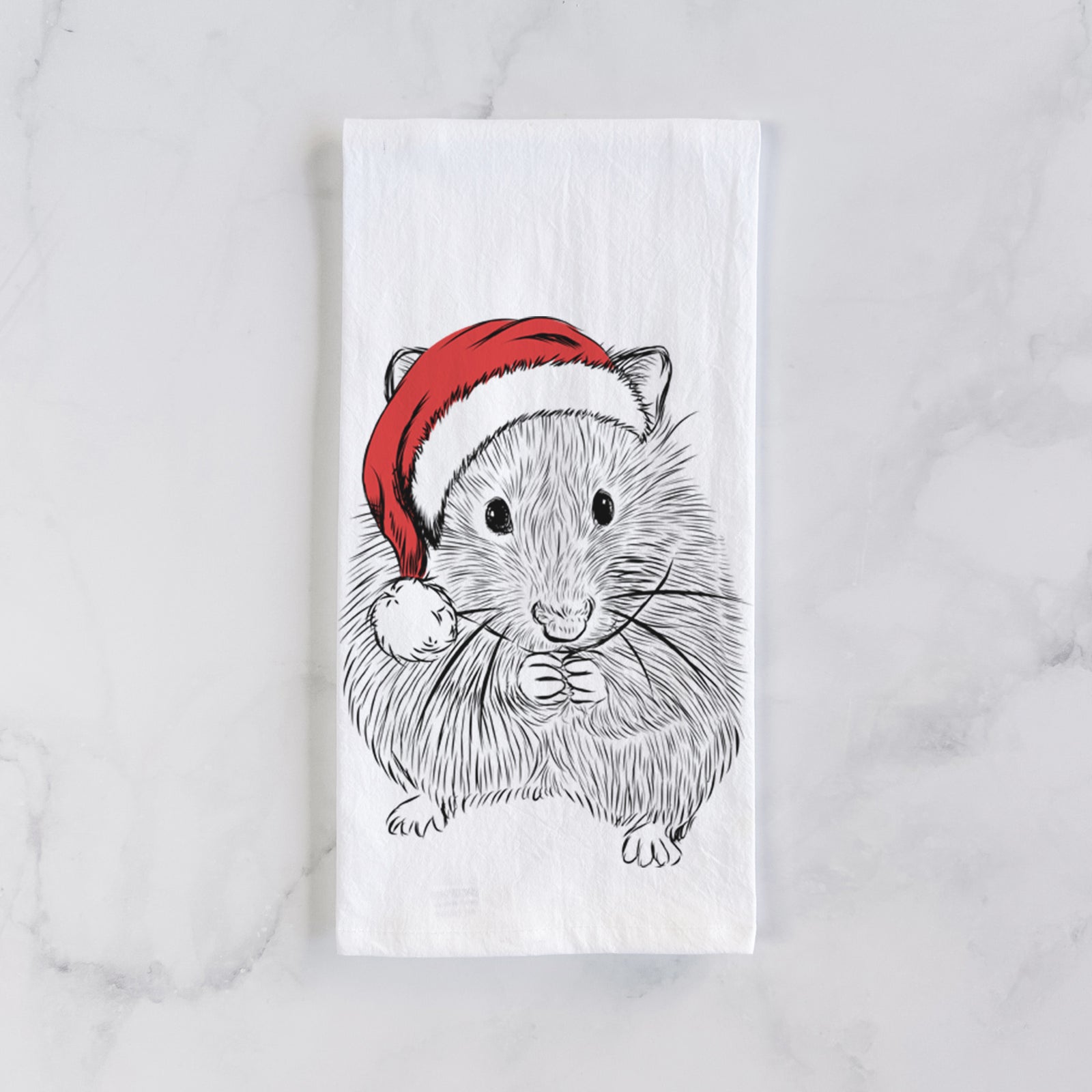 Hand-drawn sketch of Twitch the Hamster wearing a Santa hat on a tea towel