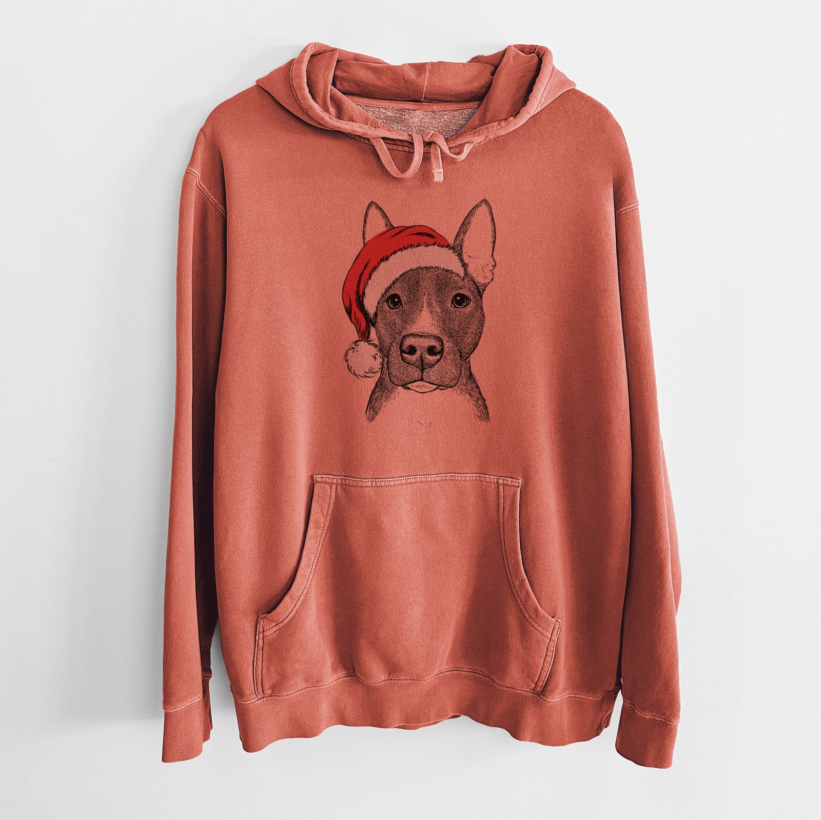 Hand-drawn sketch of Violet the Pitbull wearing a Santa hat on an Amber Unisex pigment dyed hoodie