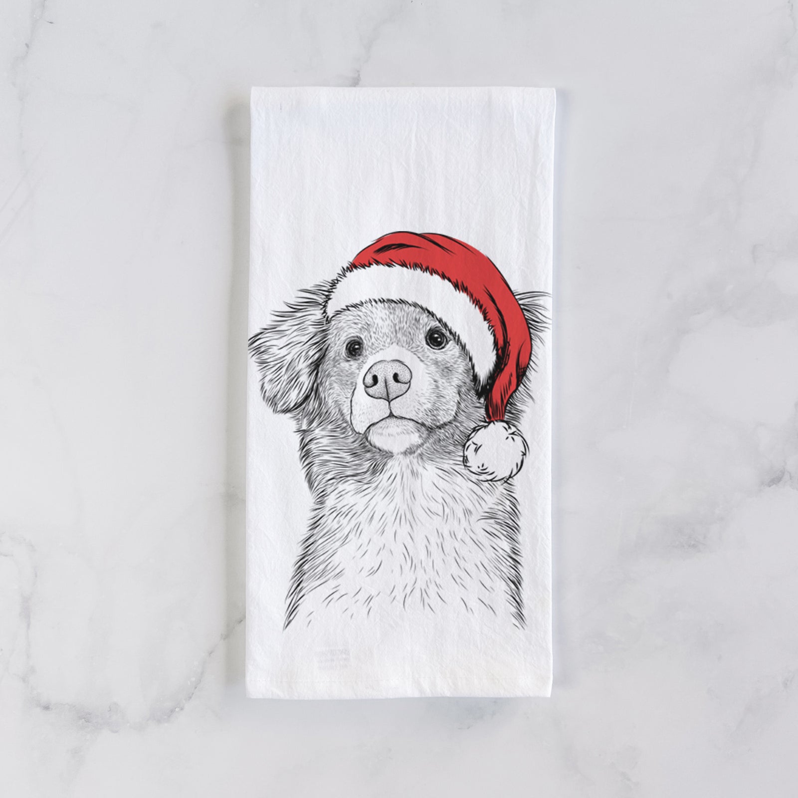 Hand-drawn sketch of Vixen the Nova Scotia Duck Tolling Retriever wearing a Santa hat on a tea towel