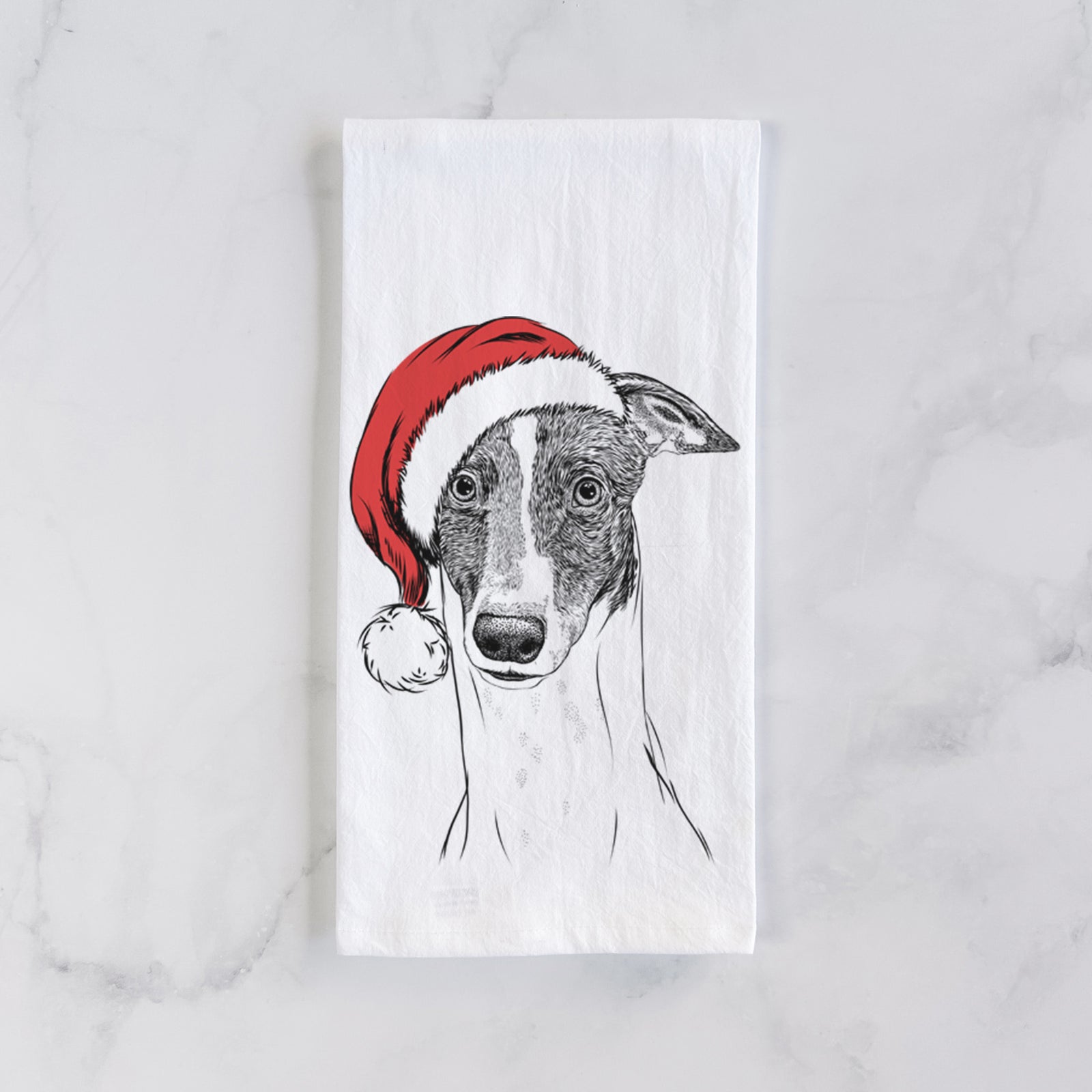 Hand-drawn sketch of Vyncent the Greyhound wearing a Santa hat on a tea towel