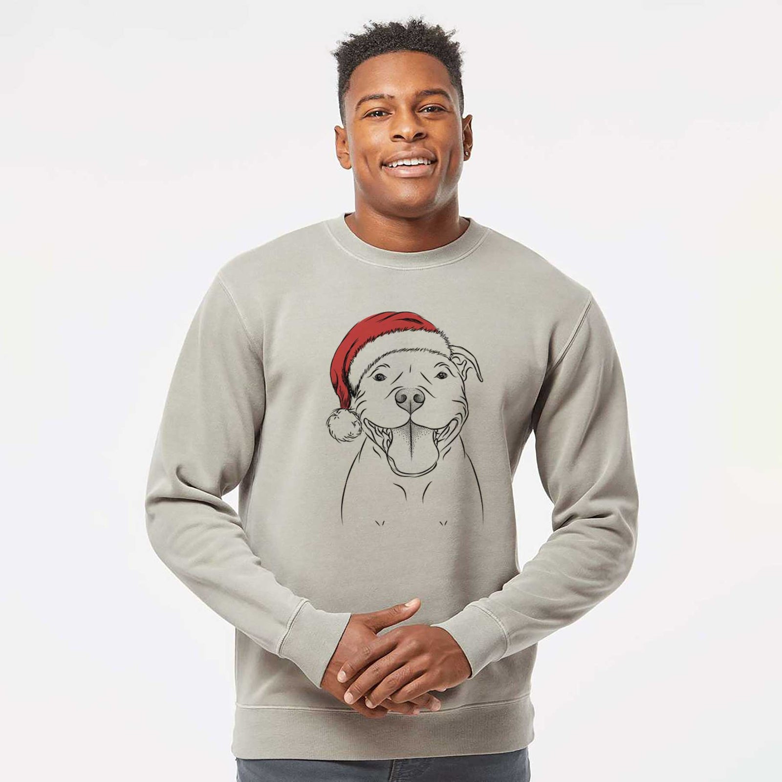 Hand-drawn sketch of Wafer the Staffordshire Bull Terrier wearing a Santa hat on a Cement Unisex pigment dyed crew sweatshirt