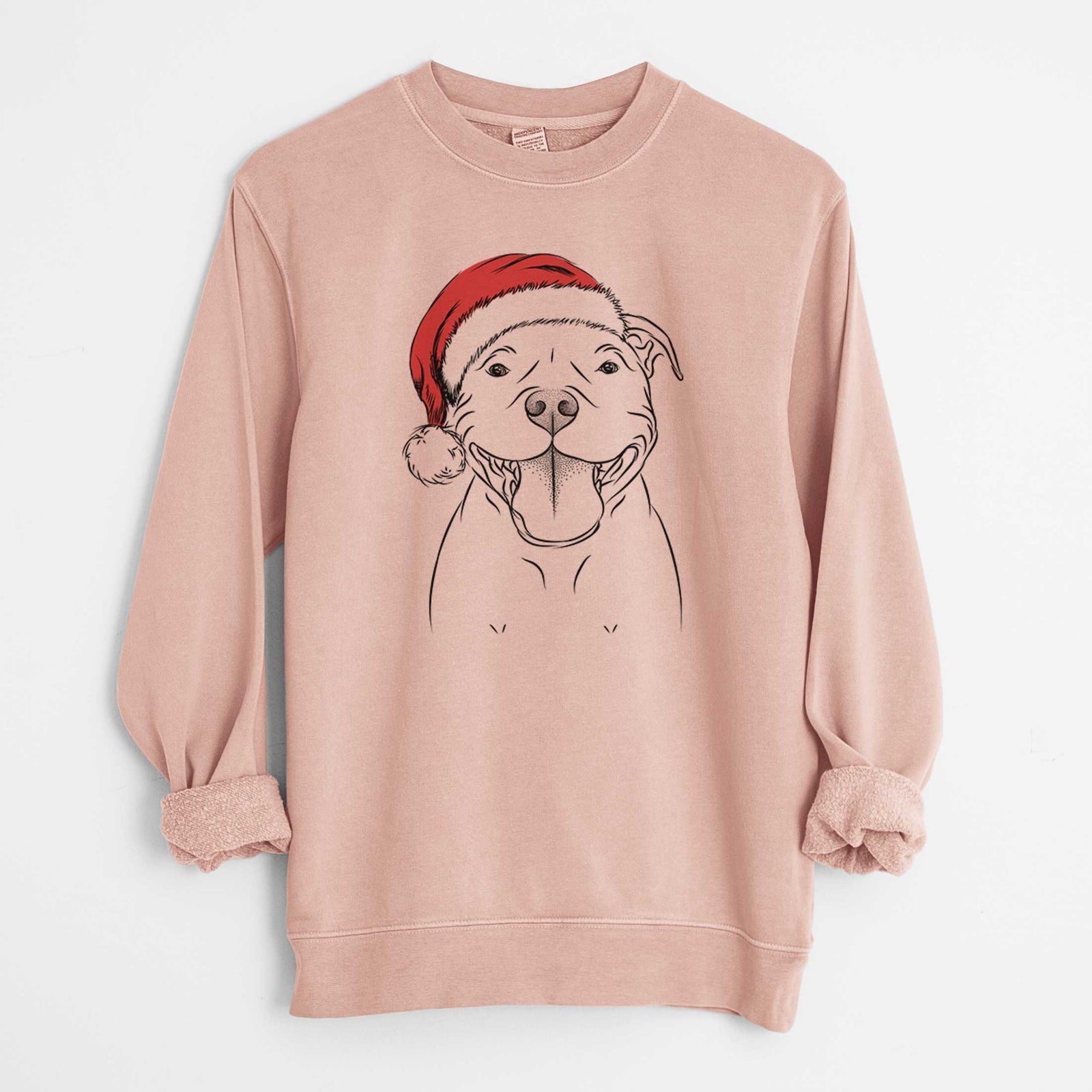 Hand-drawn sketch of Wafer the Staffordshire Bull Terrier wearing a Santa hat on a Dusty Pink Unisex pigment dyed crew sweatshirt