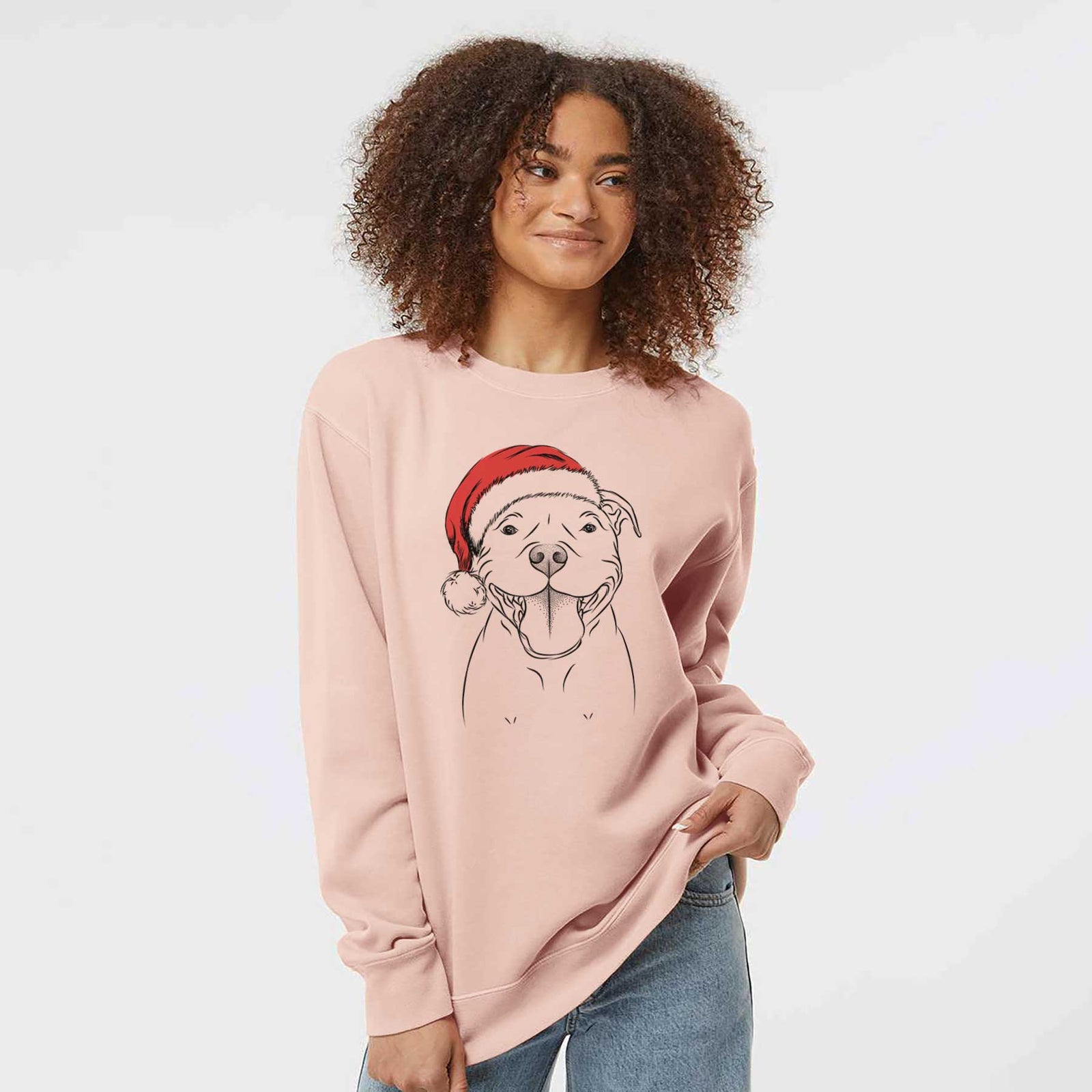 Hand-drawn sketch of Wafer the Staffordshire Bull Terrier wearing a Santa hat on a Dusty Pink Unisex pigment dyed crew sweatshirt