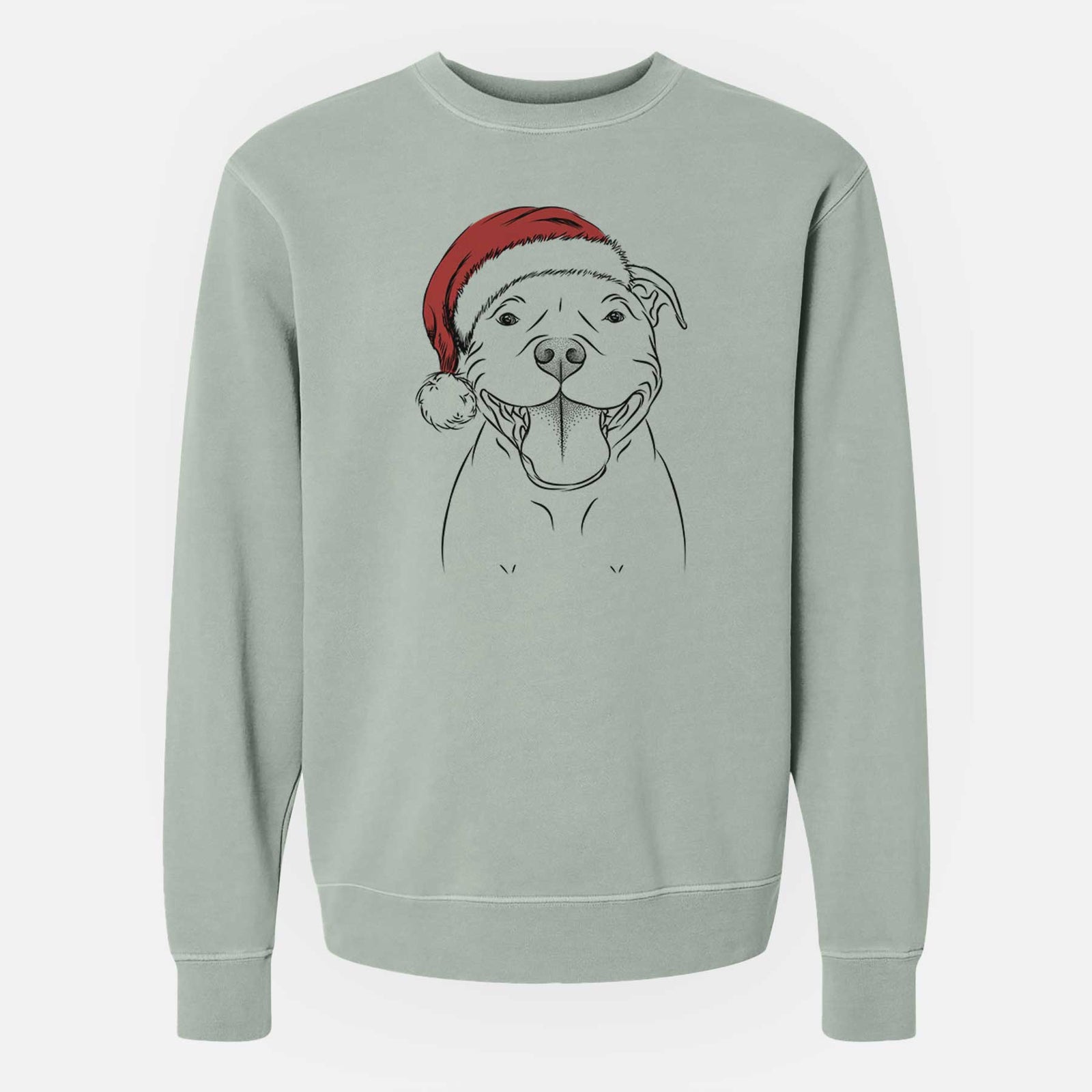 Hand-drawn sketch of Wafer the Staffordshire Bull Terrier wearing a Santa hat on a Sage Unisex pigment dyed crew sweatshirt