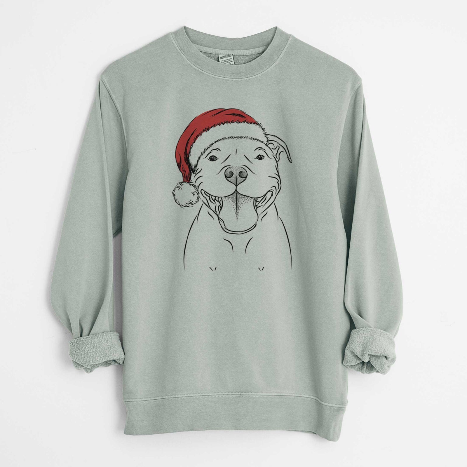 Hand-drawn sketch of Wafer the Staffordshire Bull Terrier wearing a Santa hat on a Sage Unisex pigment dyed crew sweatshirt