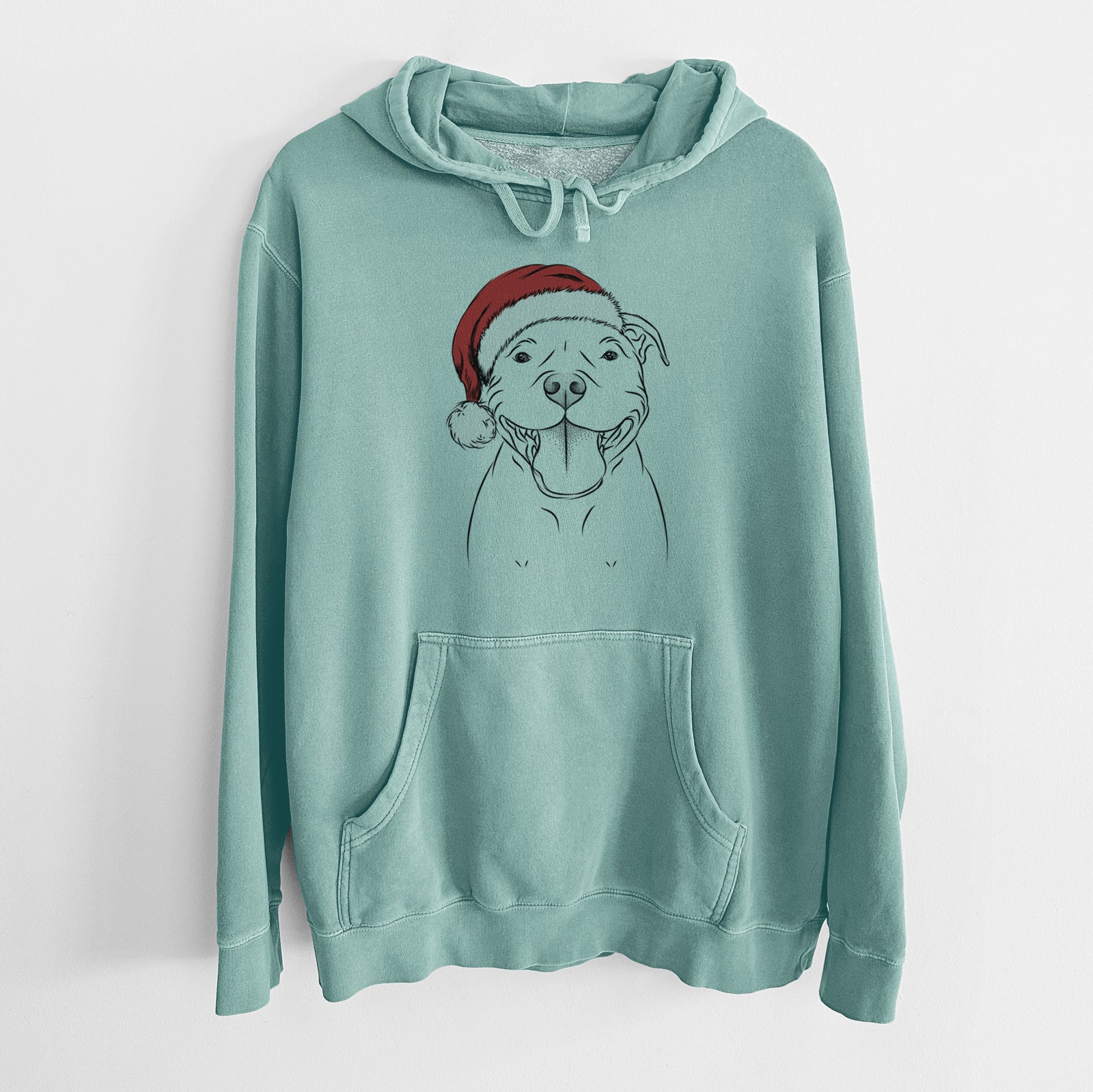 Hand-drawn sketch of Wafer the Staffordshire Bull Terrier wearing a Santa hat on a Mint Unisex pigment dyed hoodie