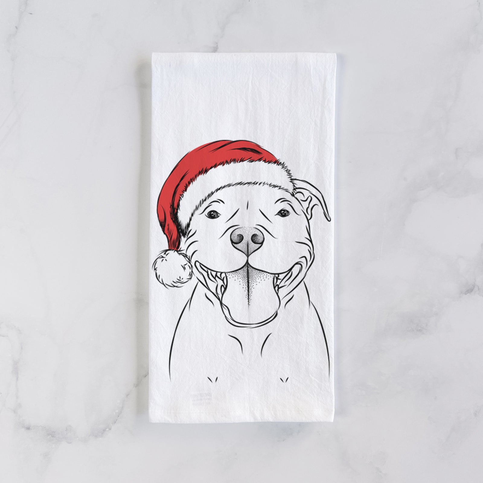Hand-drawn sketch of Wafer the Staffordshire Bull Terrier wearing a Santa hat on a tea towel