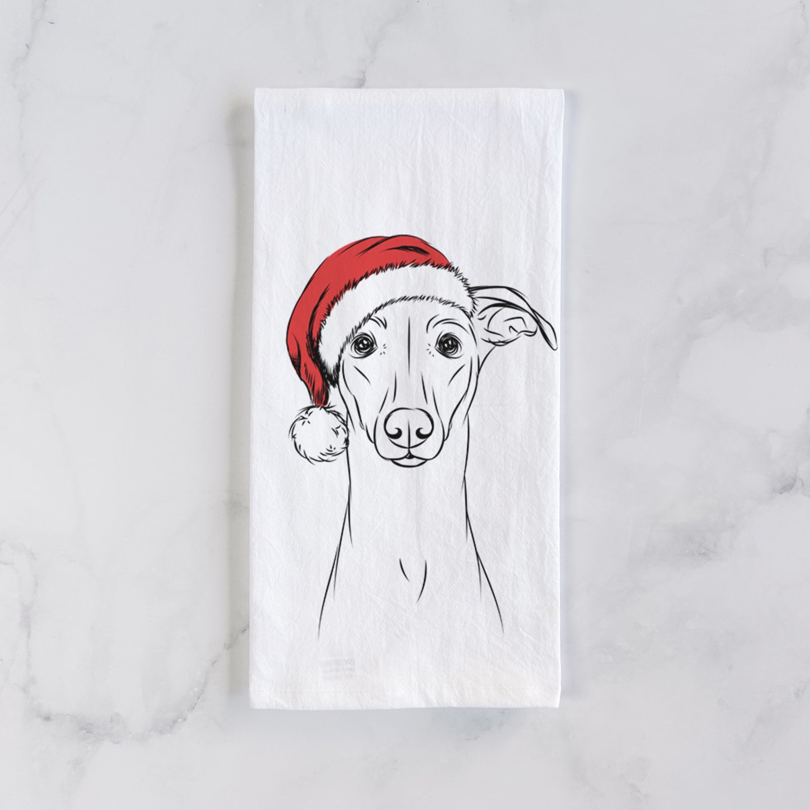 Hand-drawn sketch of Wallace the Whippet wearing a Santa hat on a tea towel