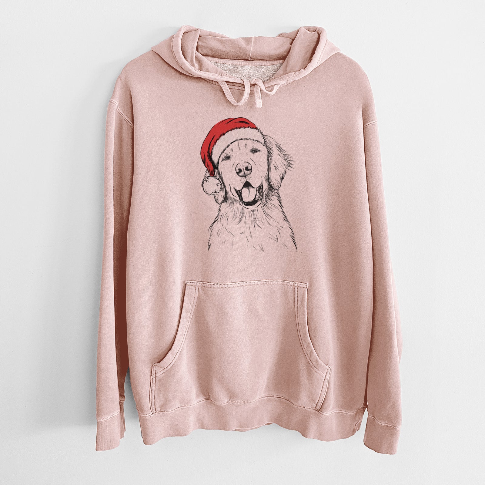 Hand-drawn sketch of Wallace the Golden Retriever wearing a Santa hat on a Dusty Pink Unisex pigment dyed hoodie