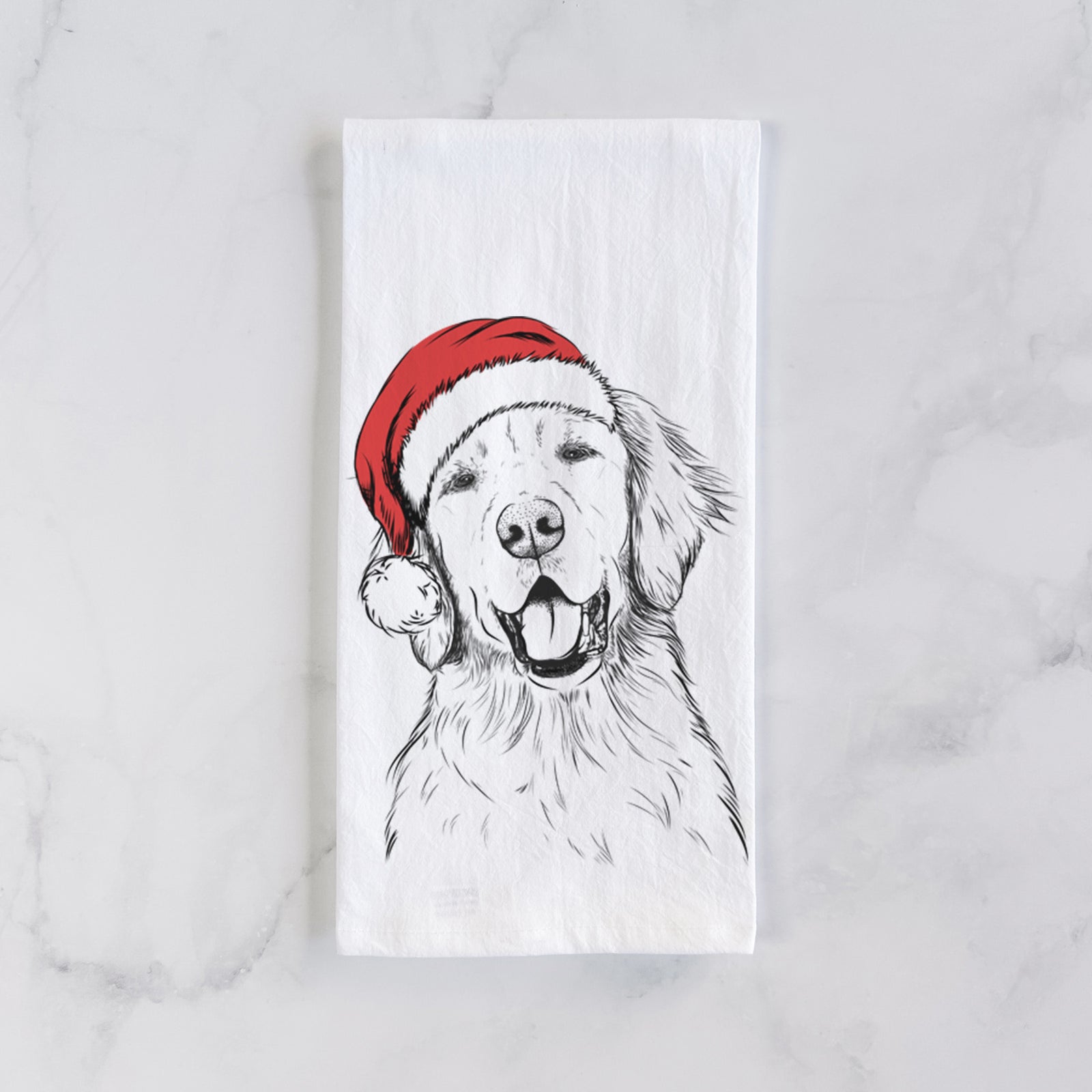 Hand-drawn sketch of Wallace the Golden Retriever wearing a Santa hat on a tea towel