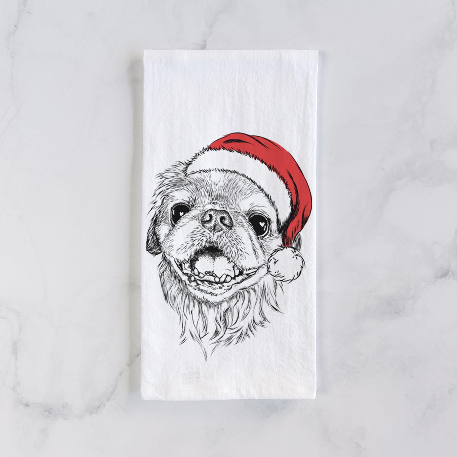 Hand-drawn sketch of Wally the Pekingese wearing a Santa hat on a tea towel