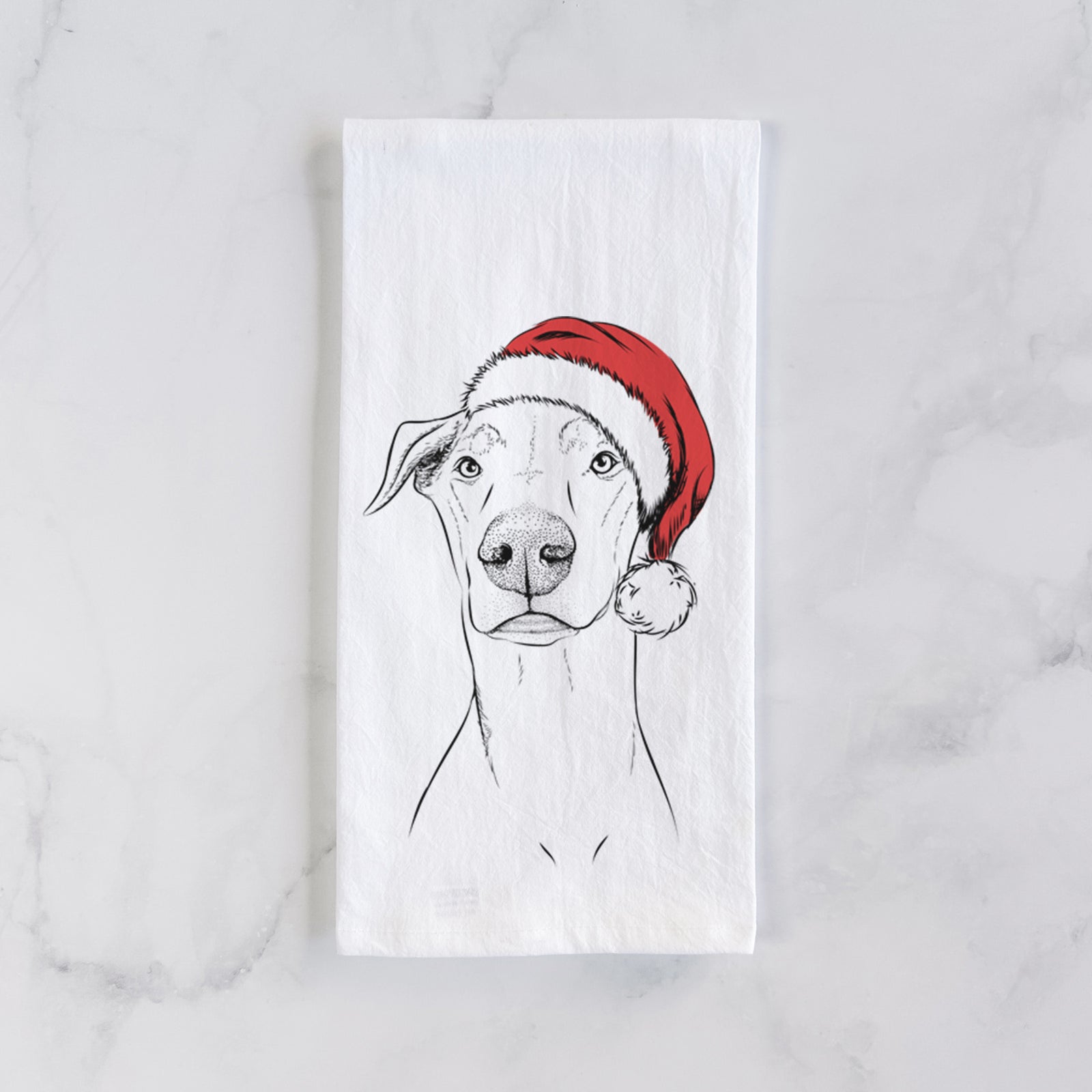 Hand-drawn sketch of Walter the White Doberman Rescue wearing a Santa hat on a tea towel