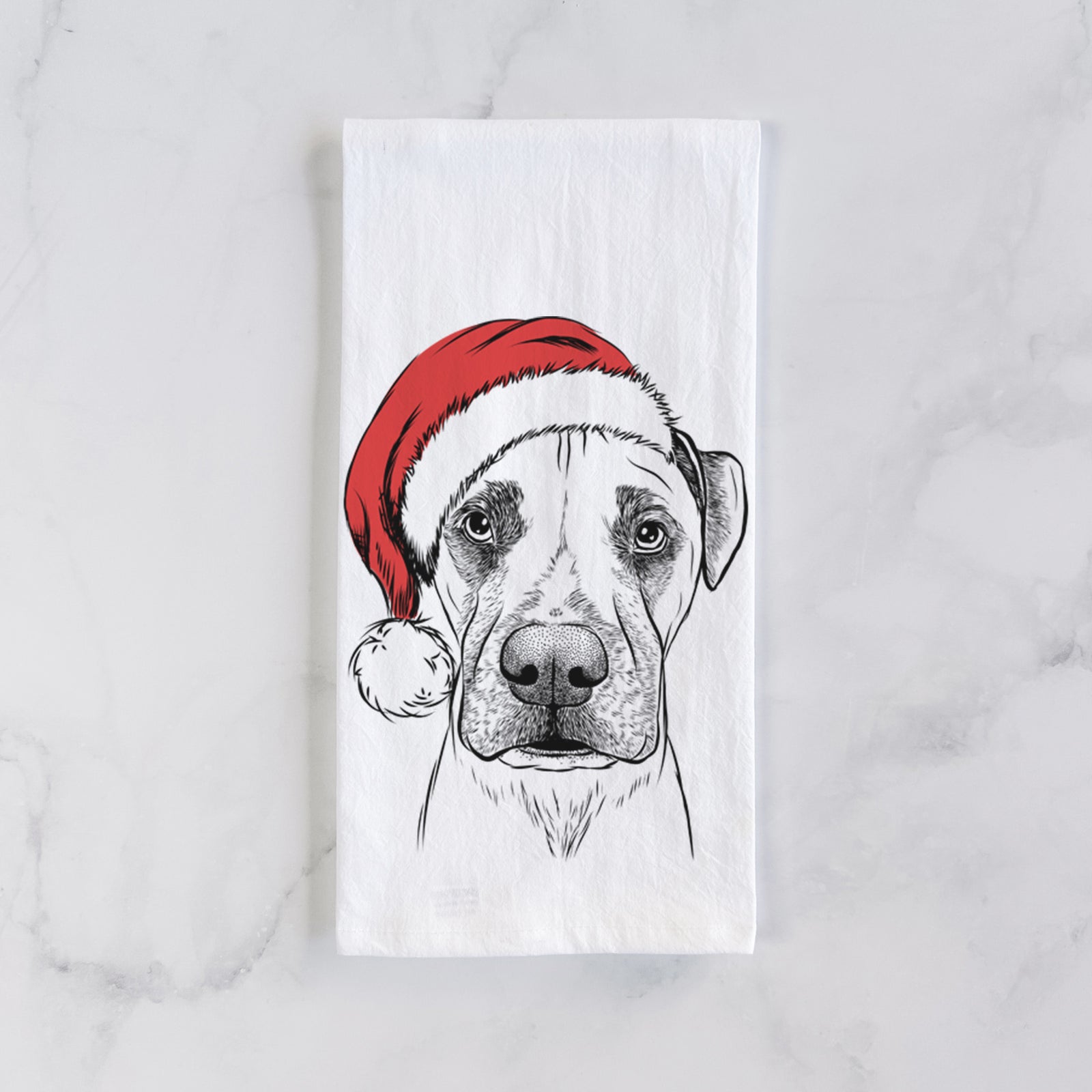 Hand-drawn sketch of Waylon the Boxane wearing a Santa hat on a tea towel