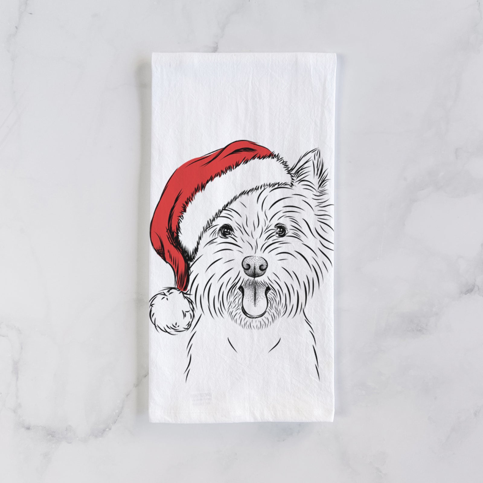 Hand-drawn sketch of Welma the West Highland Terrier wearing a Santa hat on a tea towel