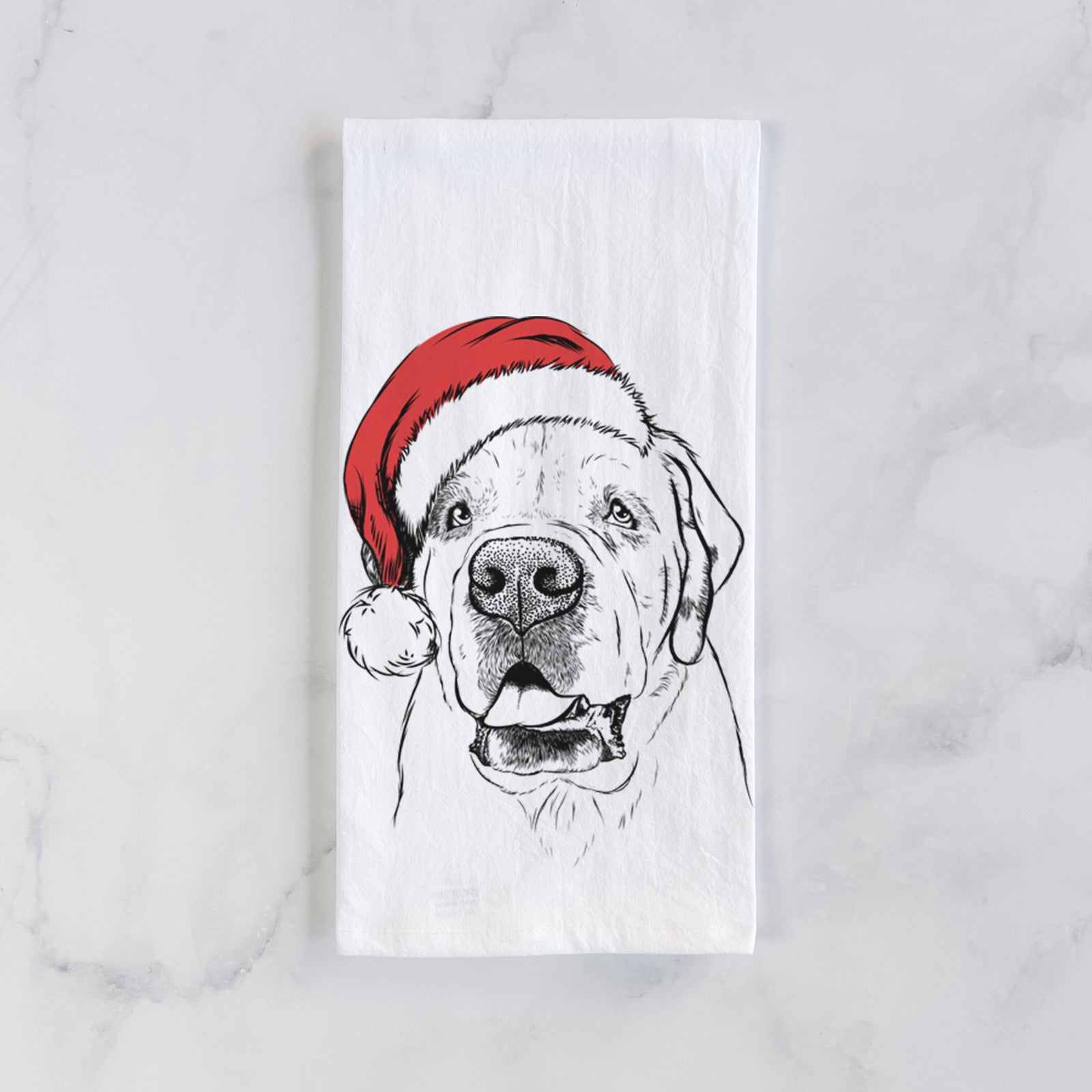 Hand-drawn sketch of Wendy the Saint Bernard wearing a Santa hat on a tea towel