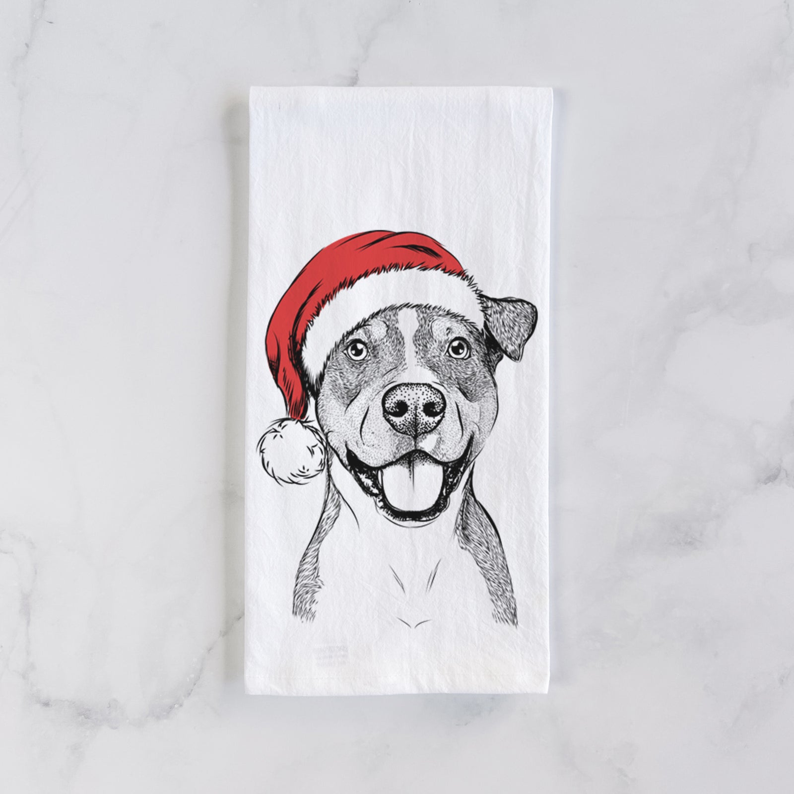 Hand-drawn sketch of Wendy the Mixed Breed wearing a Santa hat on a tea towel