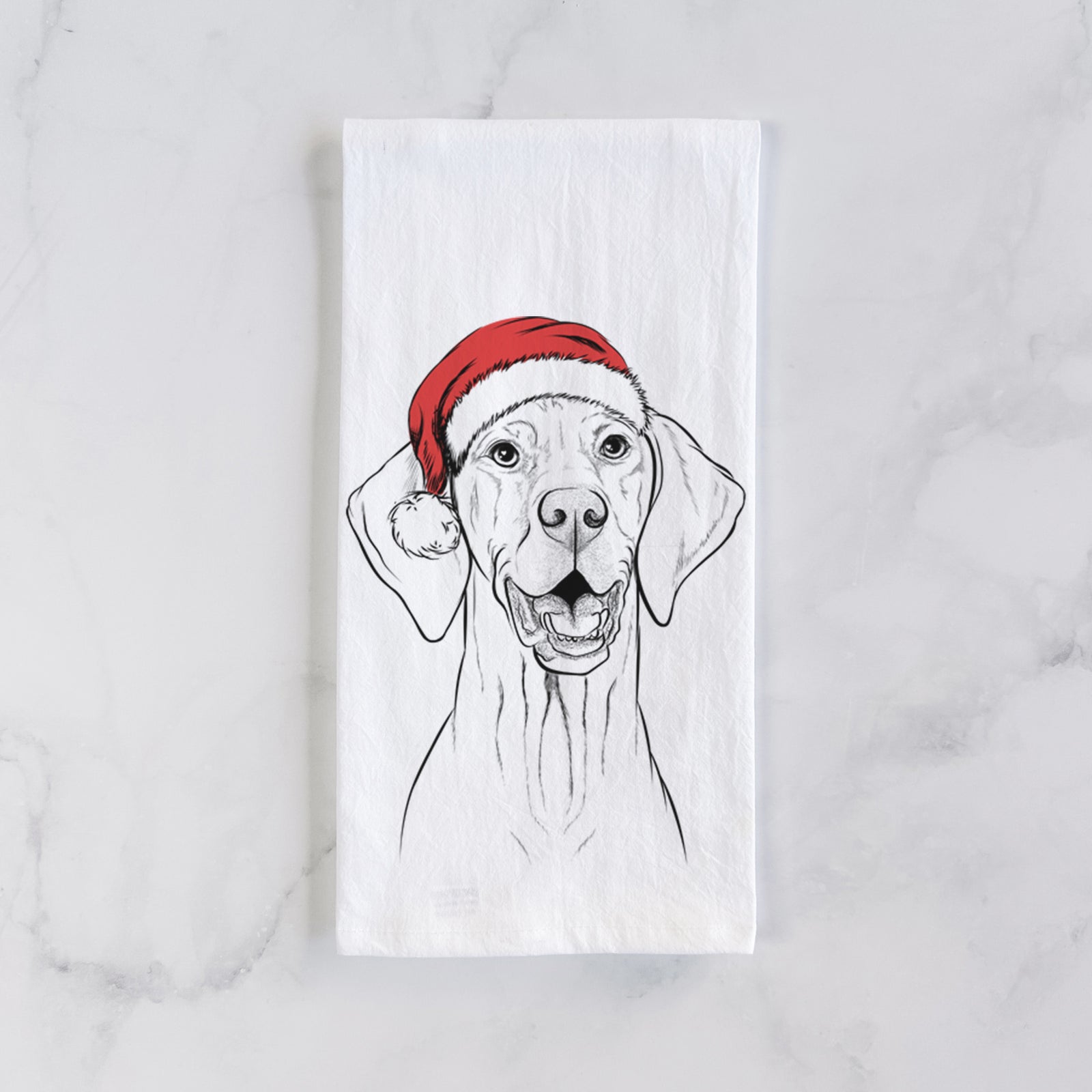 Hand-drawn sketch of Wesley the Vizsla wearing a Santa hat on a tea towel