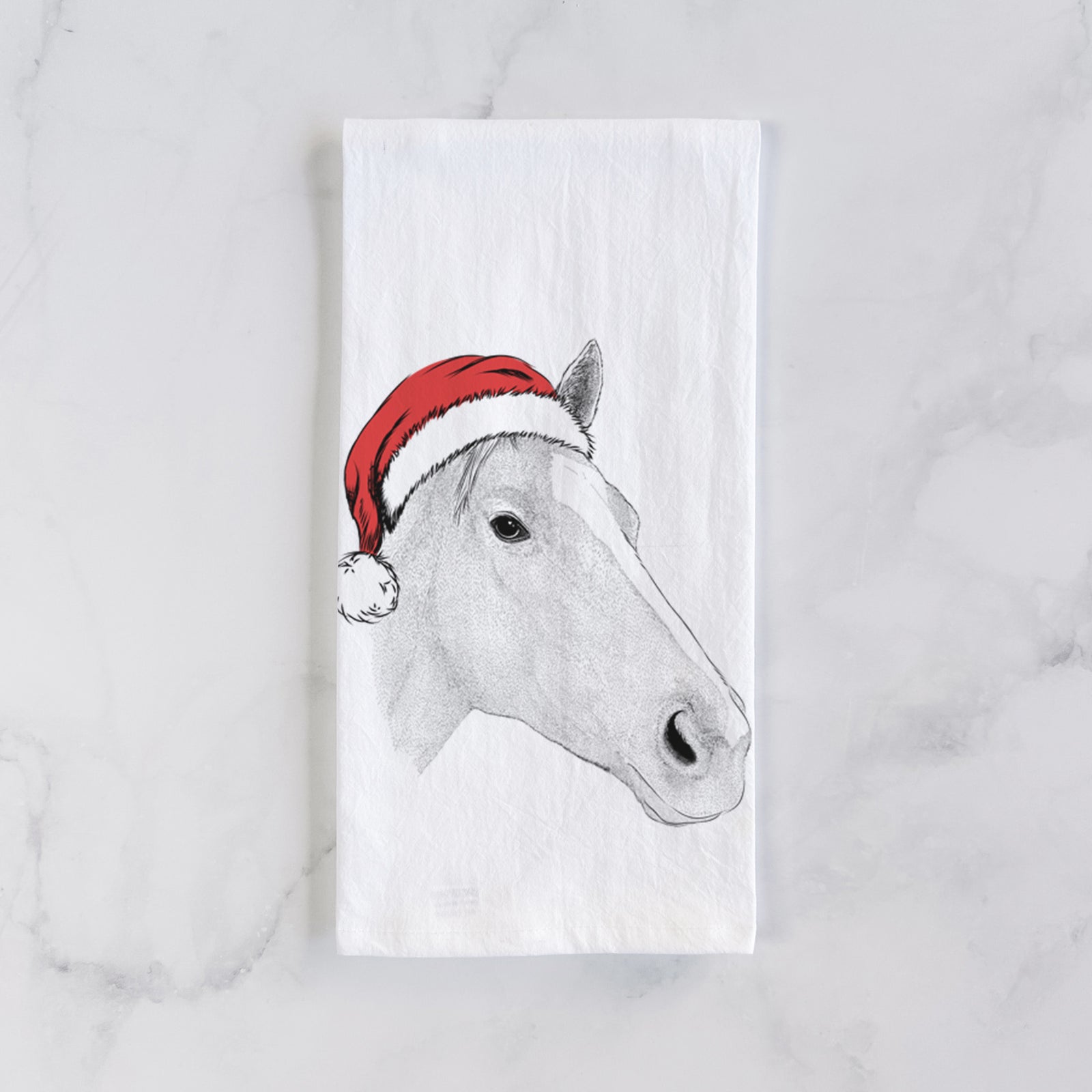 Hand-drawn sketch of Westley the Horse wearing a Santa hat on a tea towel