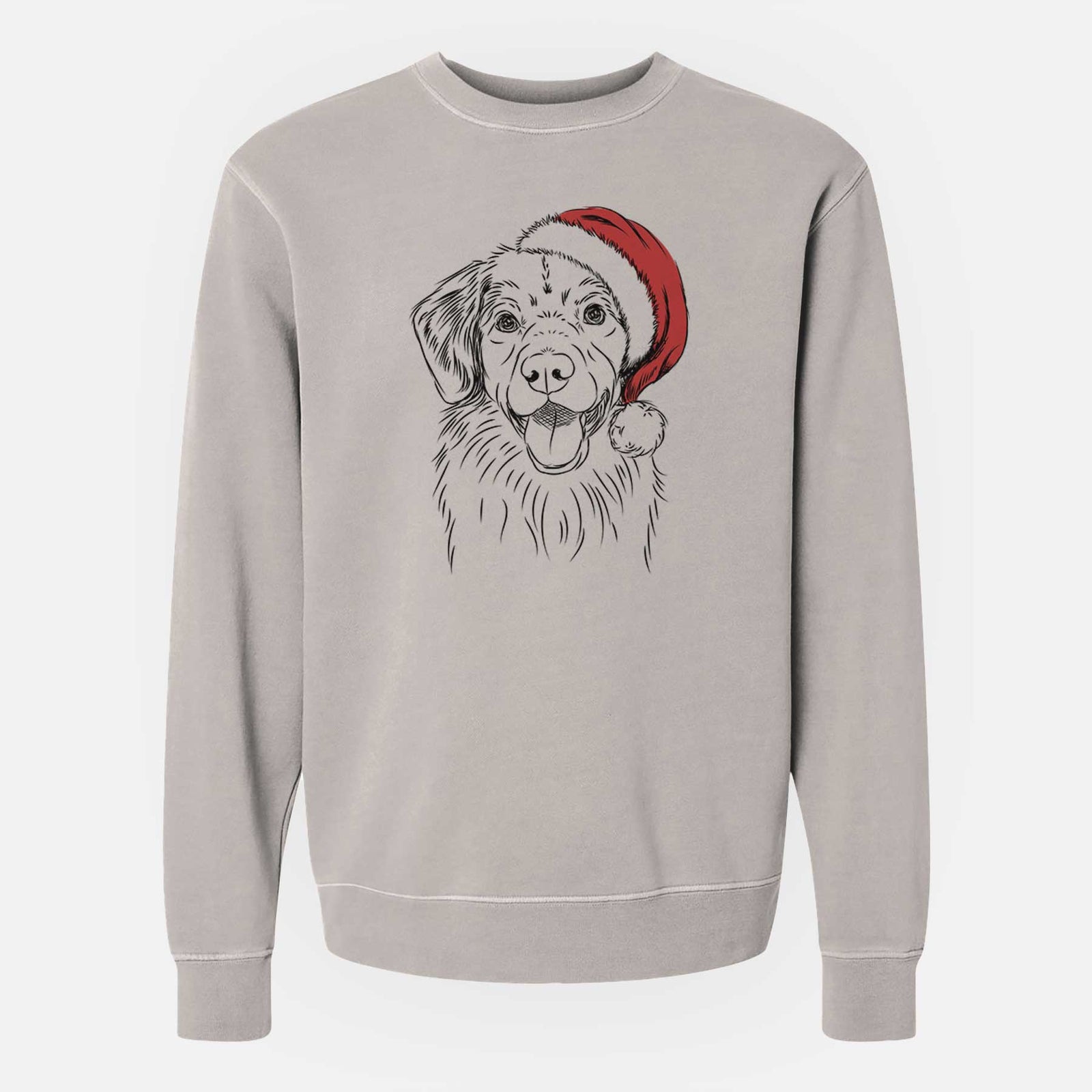 Hand-drawn sketch of Weston the Nova Scotia Duck Tolling Retriever wearing a Santa hat on a Cement Unisex pigment dyed crew sweatshirt