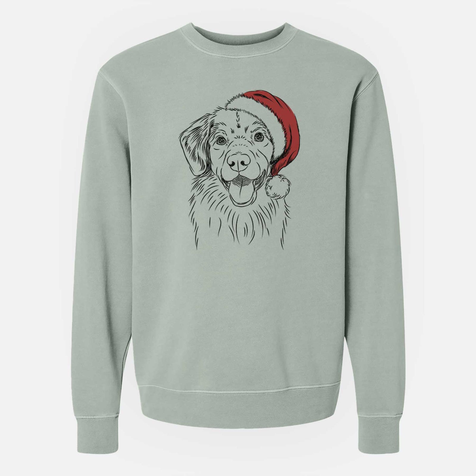Hand-drawn sketch of Weston the Nova Scotia Duck Tolling Retriever wearing a Santa hat on a Sage Unisex pigment dyed crew sweatshirt