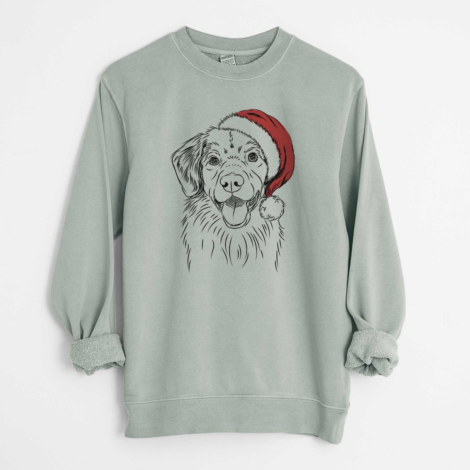 Hand-drawn sketch of Weston the Nova Scotia Duck Tolling Retriever wearing a Santa hat on a Sage Unisex pigment dyed crew sweatshirt
