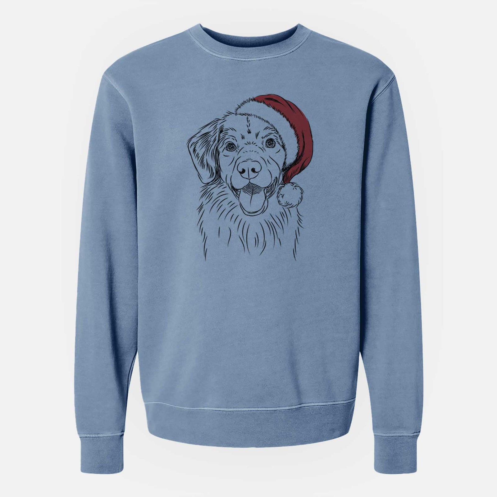Hand-drawn sketch of Weston the Nova Scotia Duck Tolling Retriever wearing a Santa hat on a Slate Blue Unisex pigment dyed crew sweatshirt