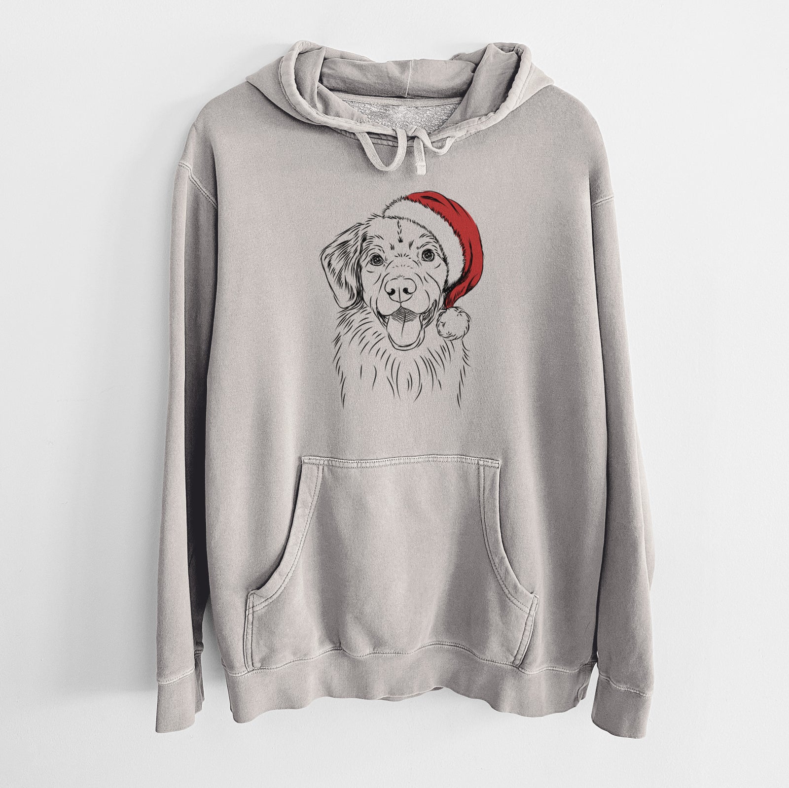 Hand-drawn sketch of Weston the Nova Scotia Duck Tolling Retriever wearing a Santa hat on a Cement Unisex pigment dyed hoodie