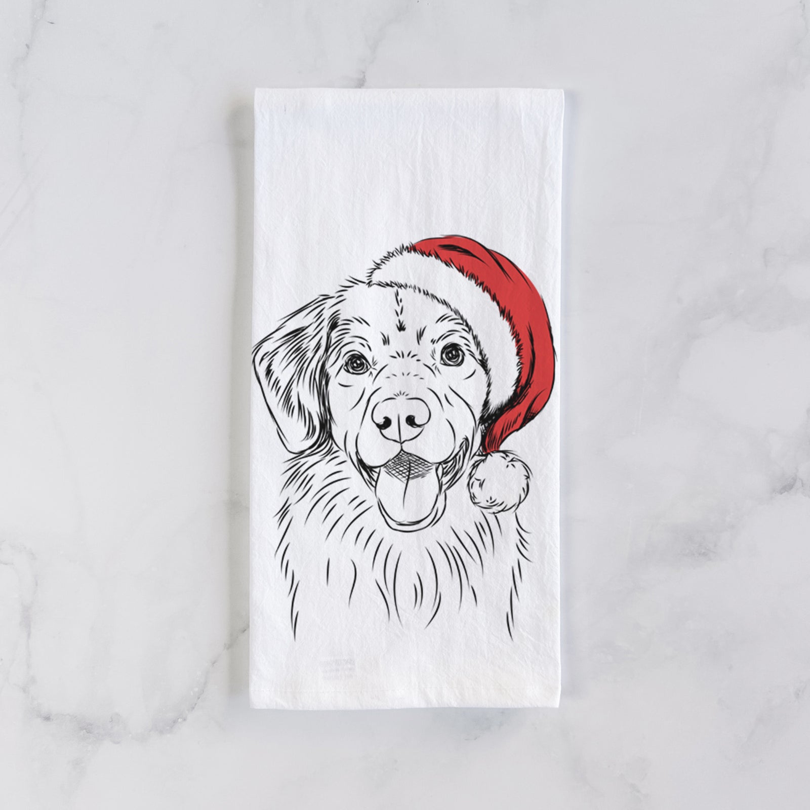 Hand-drawn sketch of Weston the Nova Scotia Duck Tolling Retriever wearing a Santa hat on a tea towel