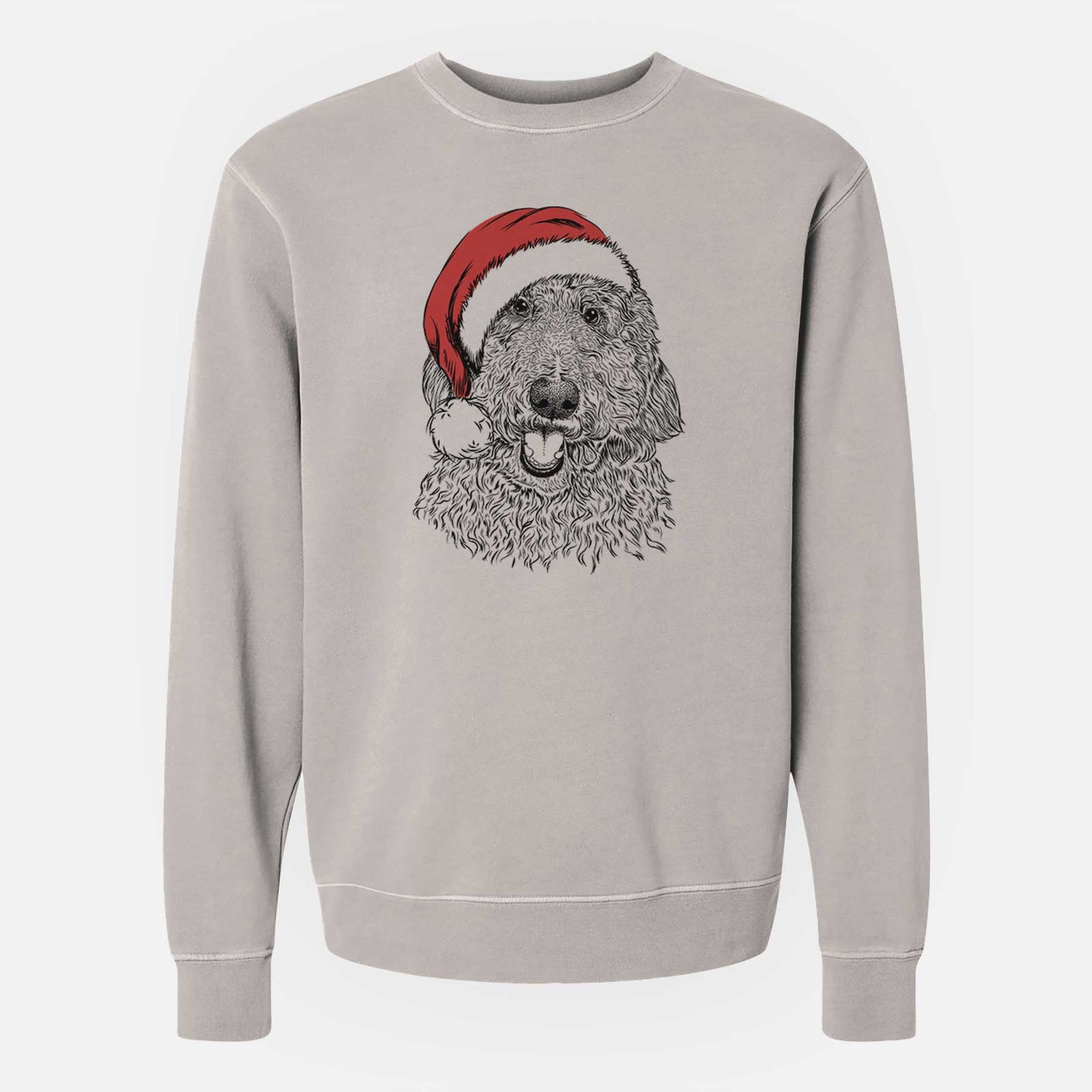 Hand-drawn sketch of Whisper the Goldendoodle wearing a Santa hat on a Cement Unisex pigment dyed crew sweatshirt