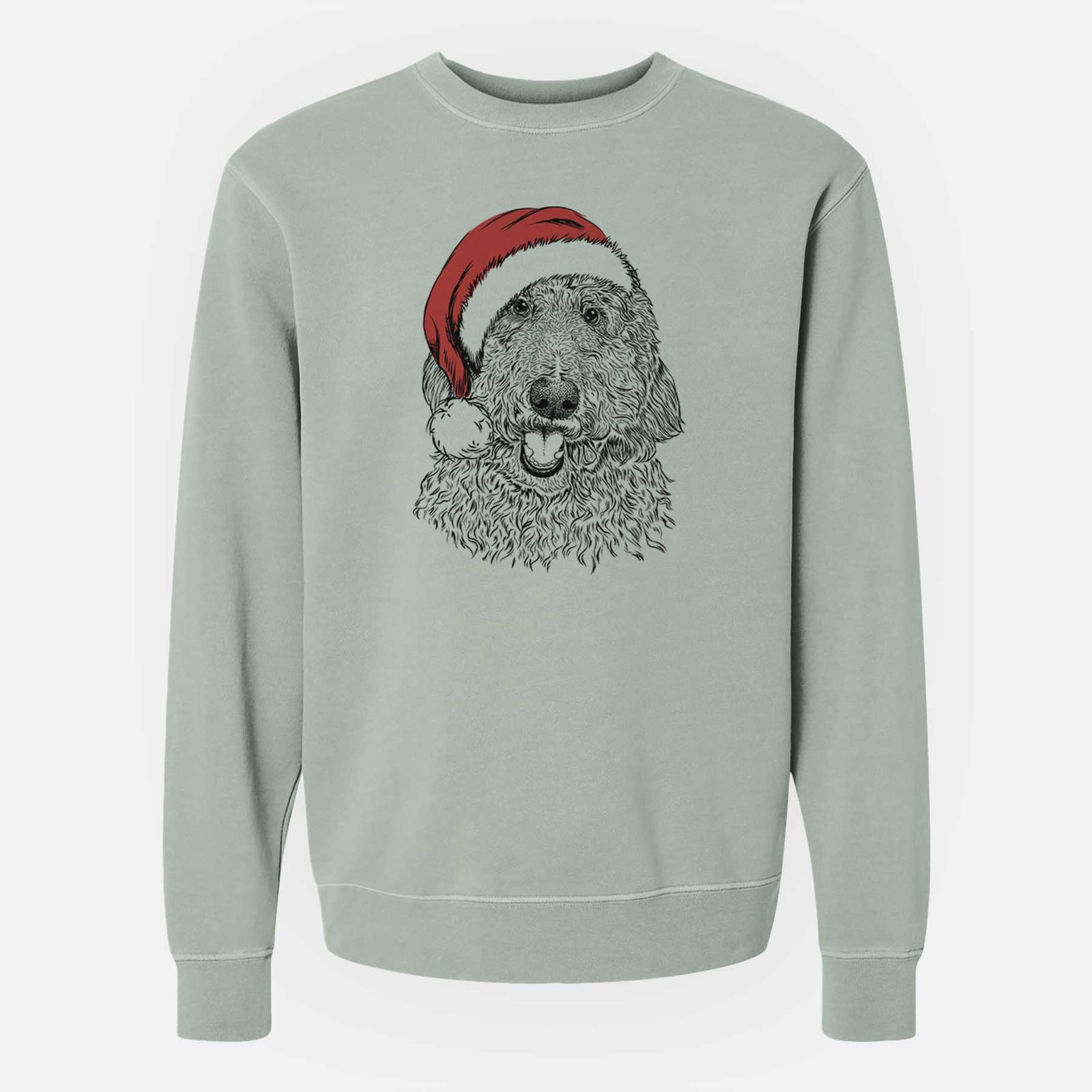 Hand-drawn sketch of Whisper the Goldendoodle wearing a Santa hat on a Sage Unisex pigment dyed crew sweatshirt