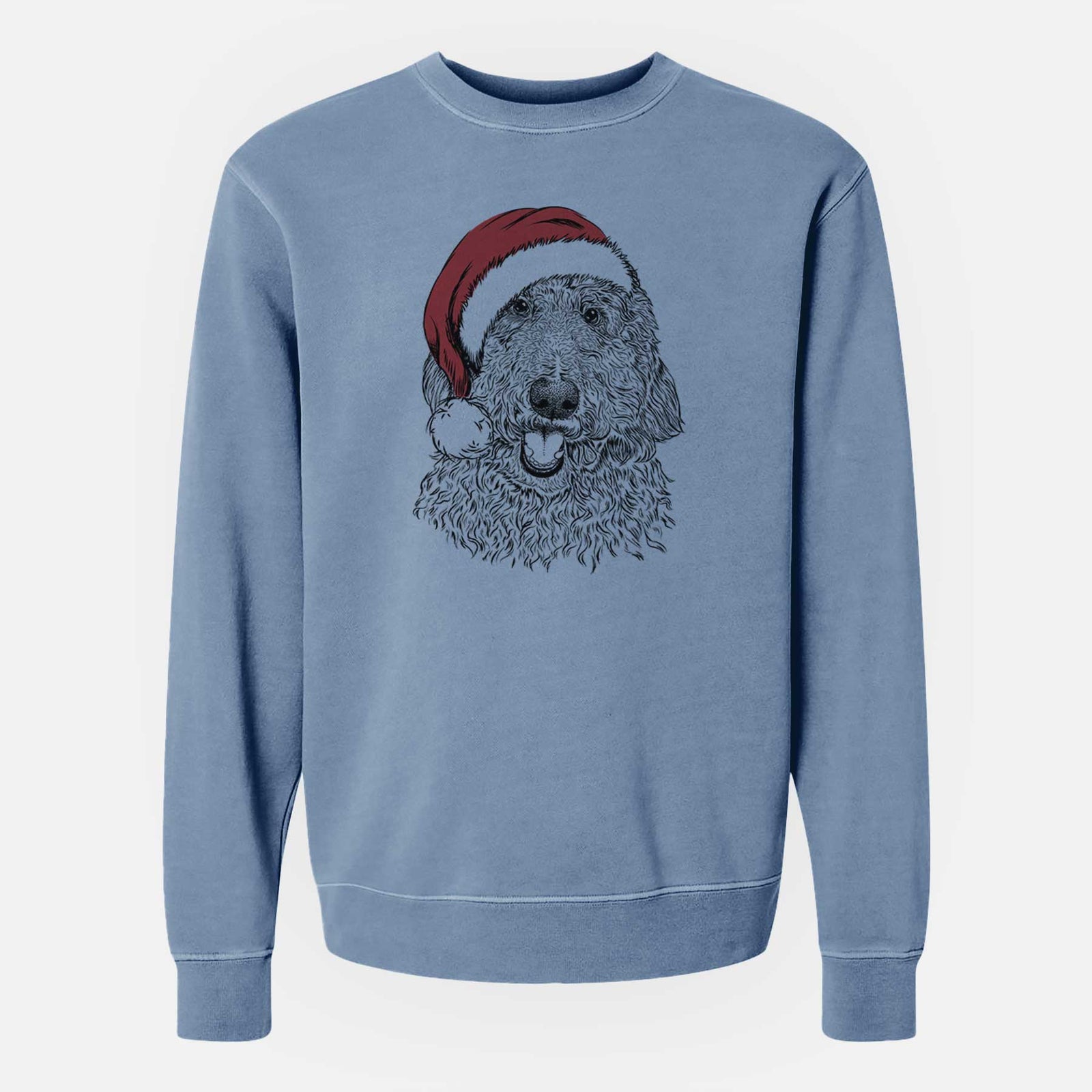 Hand-drawn sketch of Whisper the Goldendoodle wearing a Santa hat on a Slate Blue Unisex pigment dyed crew sweatshirt