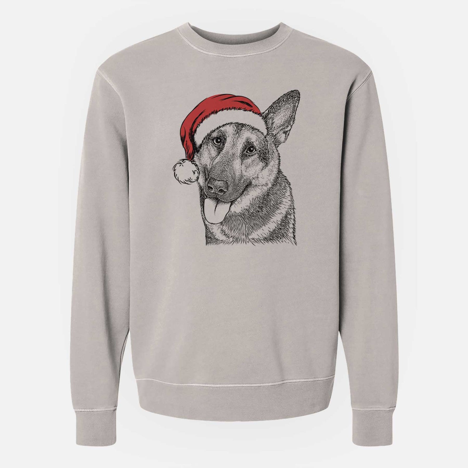 Hand-drawn sketch of Whitaker the German Shepherd wearing a Santa hat on a Cement Unisex pigment dyed crew sweatshirt