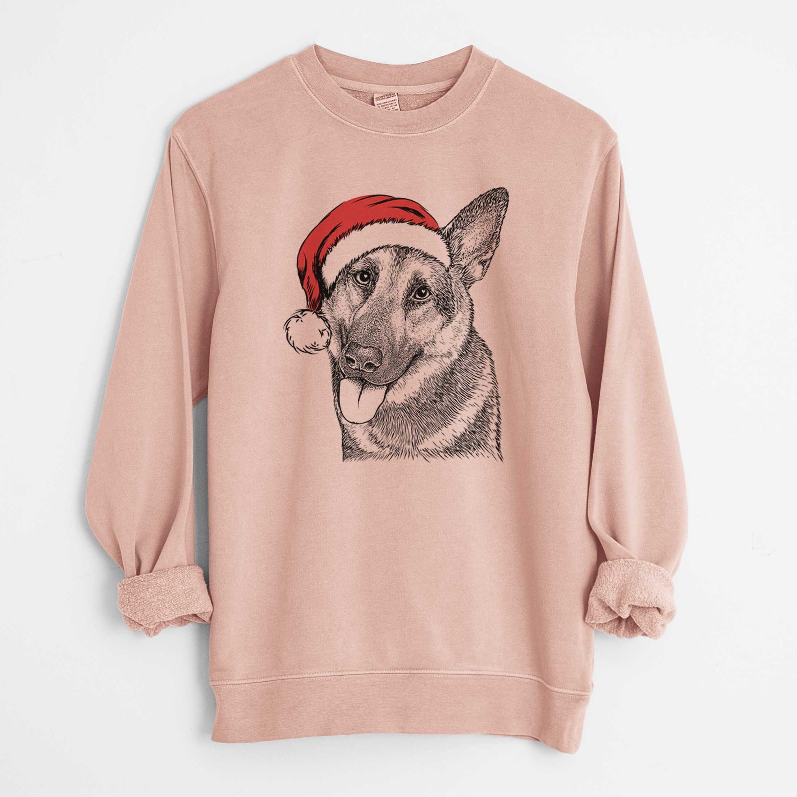 Hand-drawn sketch of Whitaker the German Shepherd wearing a Santa hat on a Dusty Pink Unisex pigment dyed crew sweatshirt