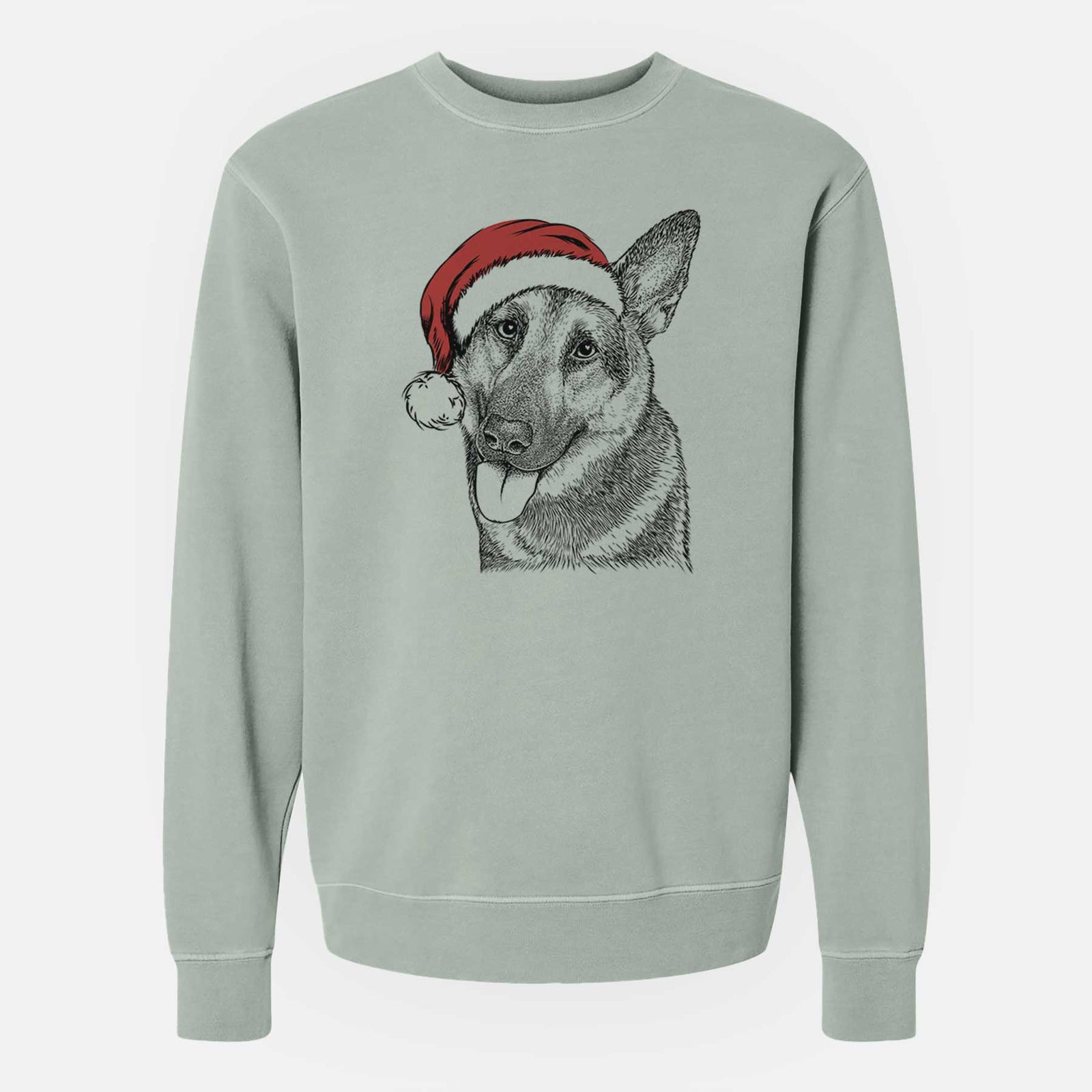 Hand-drawn sketch of Whitaker the German Shepherd wearing a Santa hat on a Sage Unisex pigment dyed crew sweatshirt