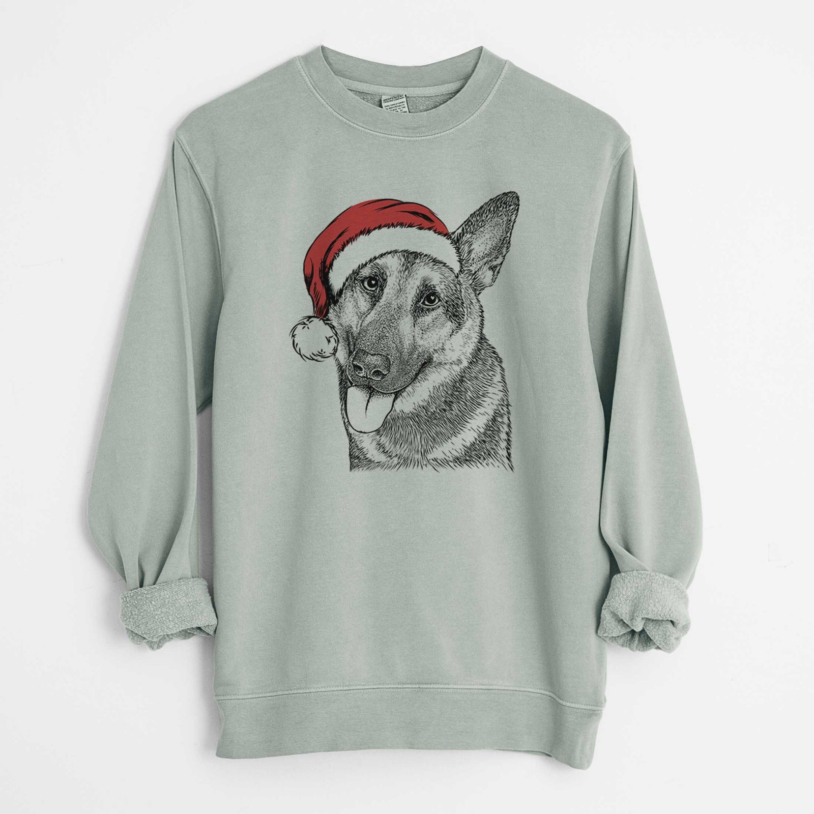Hand-drawn sketch of Whitaker the German Shepherd wearing a Santa hat on a Sage Unisex pigment dyed crew sweatshirt