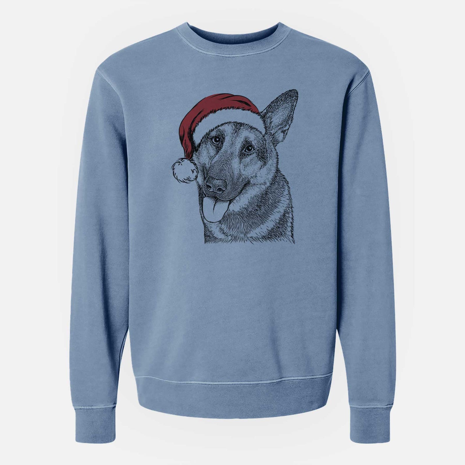 Hand-drawn sketch of Whitaker the German Shepherd wearing a Santa hat on a Slate Blue Unisex pigment dyed crew sweatshirt