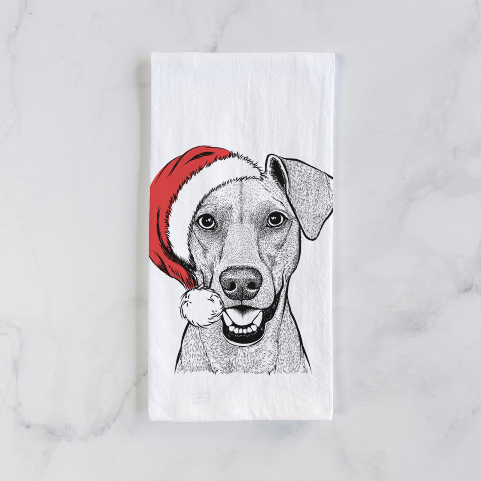Hand-drawn sketch of Willow the German Pinscher wearing a Santa hat on a tea towel