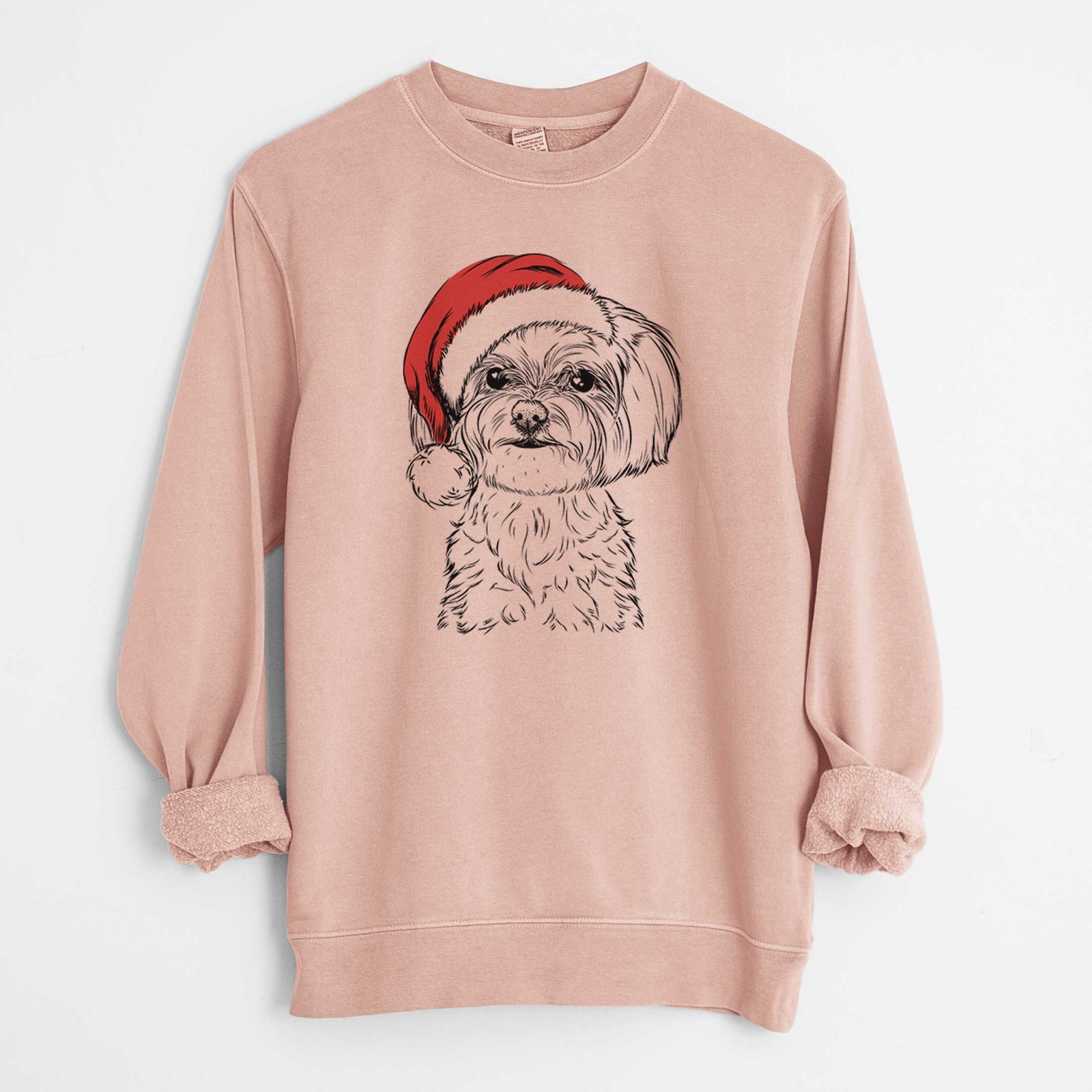 Hand-drawn sketch of Willow the Maltese wearing a Santa hat on a Dusty Pink Unisex pigment dyed crew sweatshirt