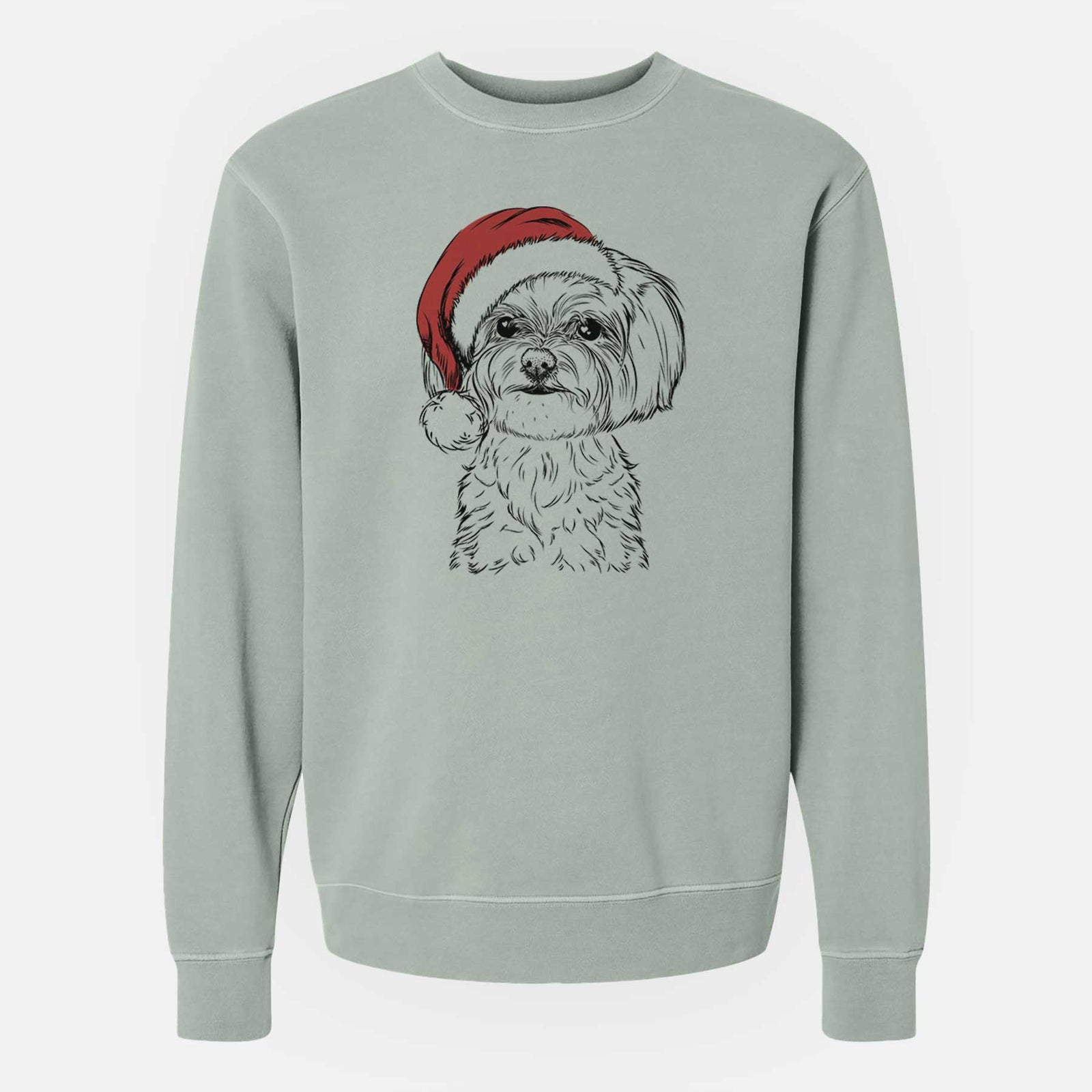 Hand-drawn sketch of Willow the Maltese wearing a Santa hat on a Sage Unisex pigment dyed crew sweatshirt