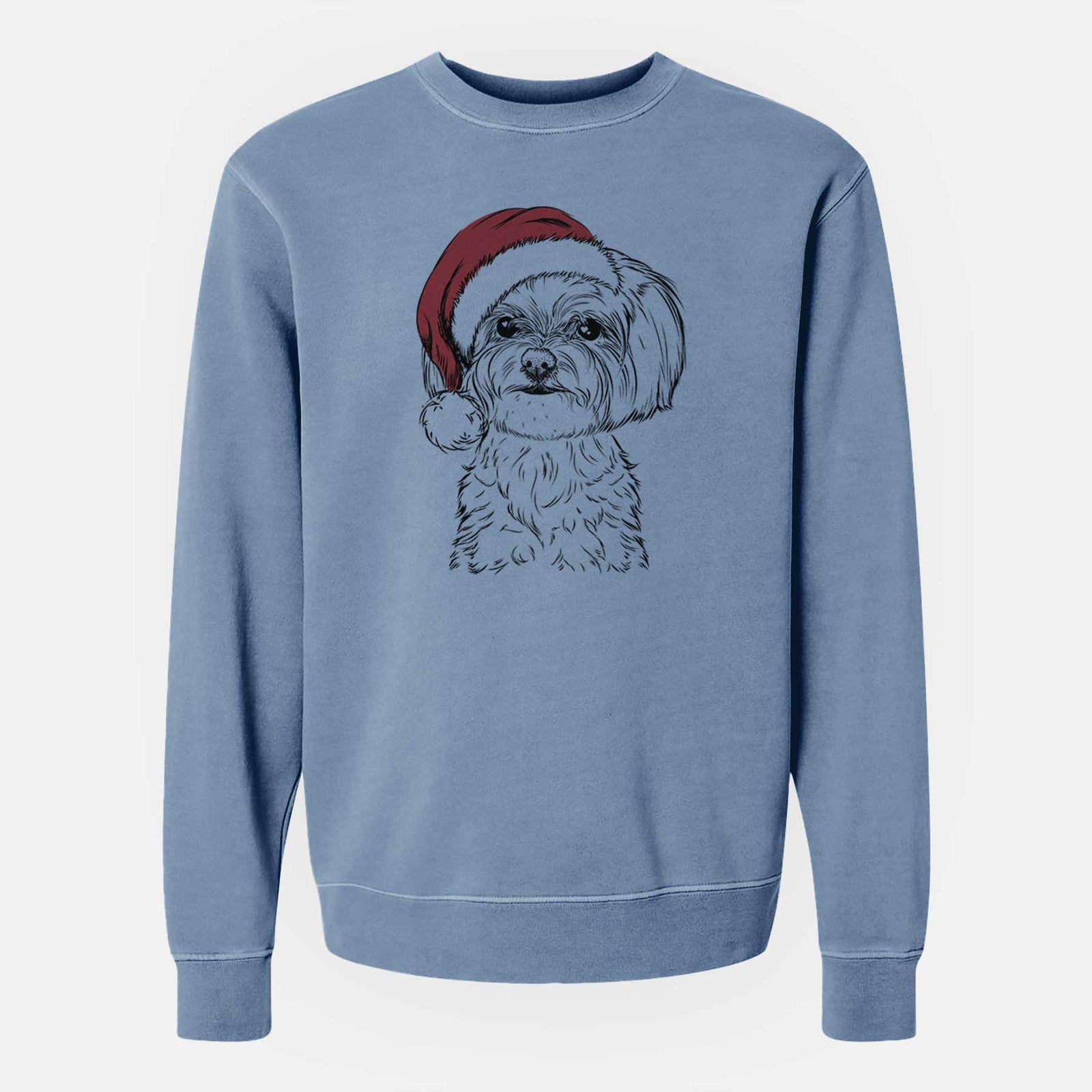 Hand-drawn sketch of Willow the Maltese wearing a Santa hat on a Slate Blue Unisex pigment dyed crew sweatshirt
