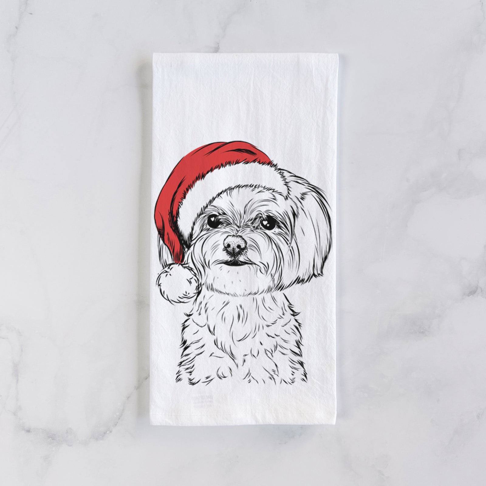 Hand-drawn sketch of Willow the Maltese wearing a Santa hat on a tea towel