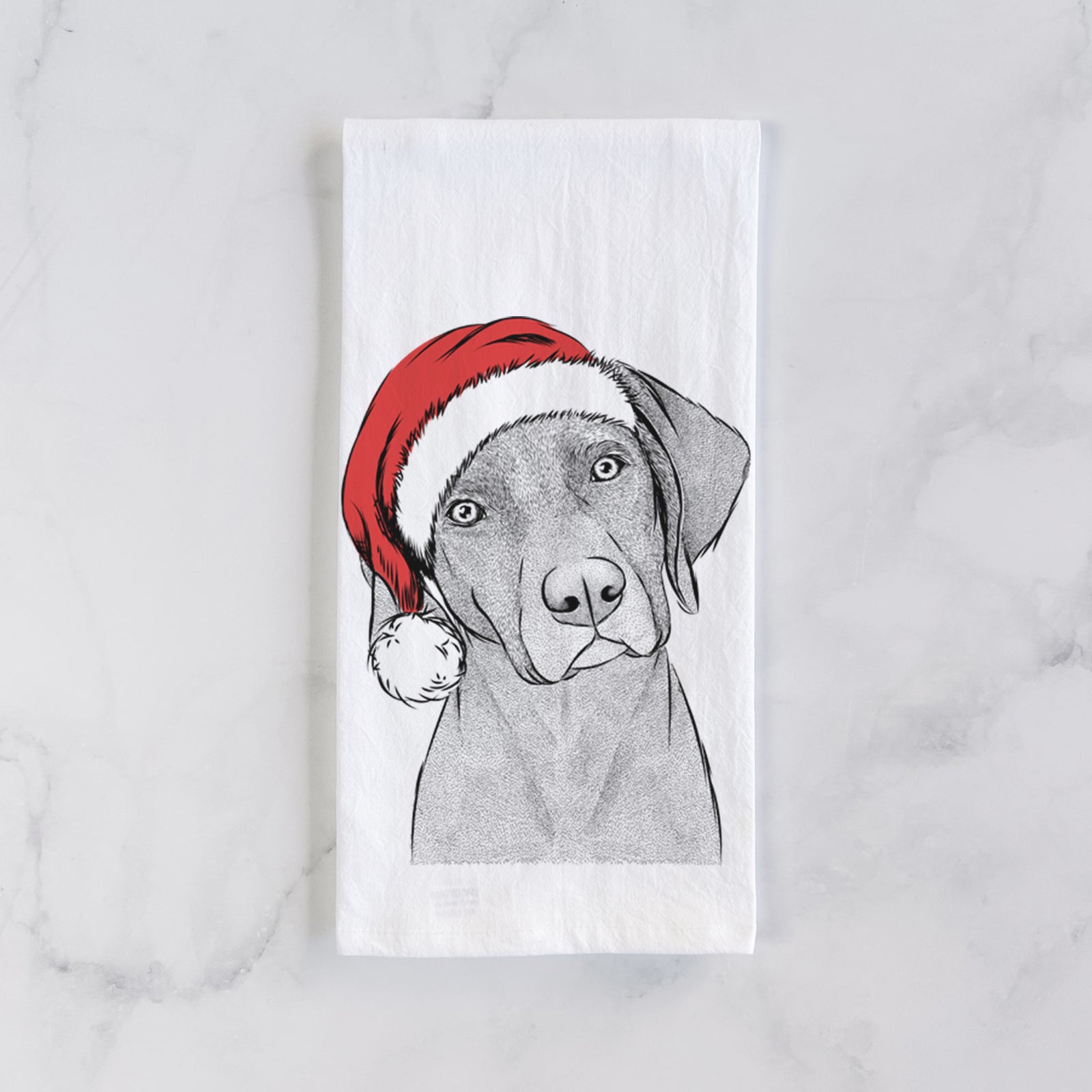 Hand-drawn sketch of Willow the Weizsla wearing a Santa hat on a tea towel