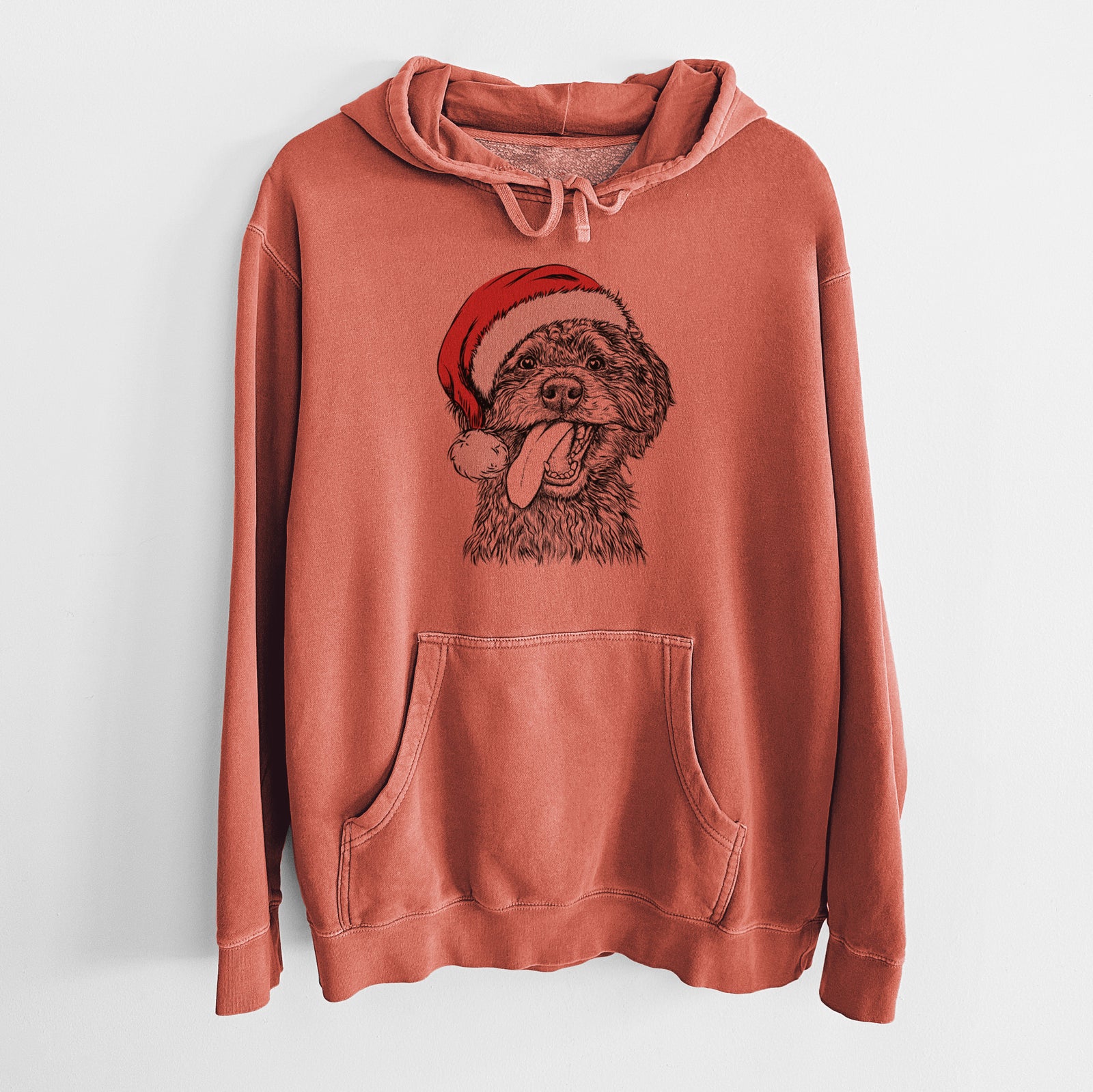 Hand-drawn sketch of Winnie the Mini Aussiedoodle wearing a Santa hat on an Amber Unisex pigment dyed hoodie