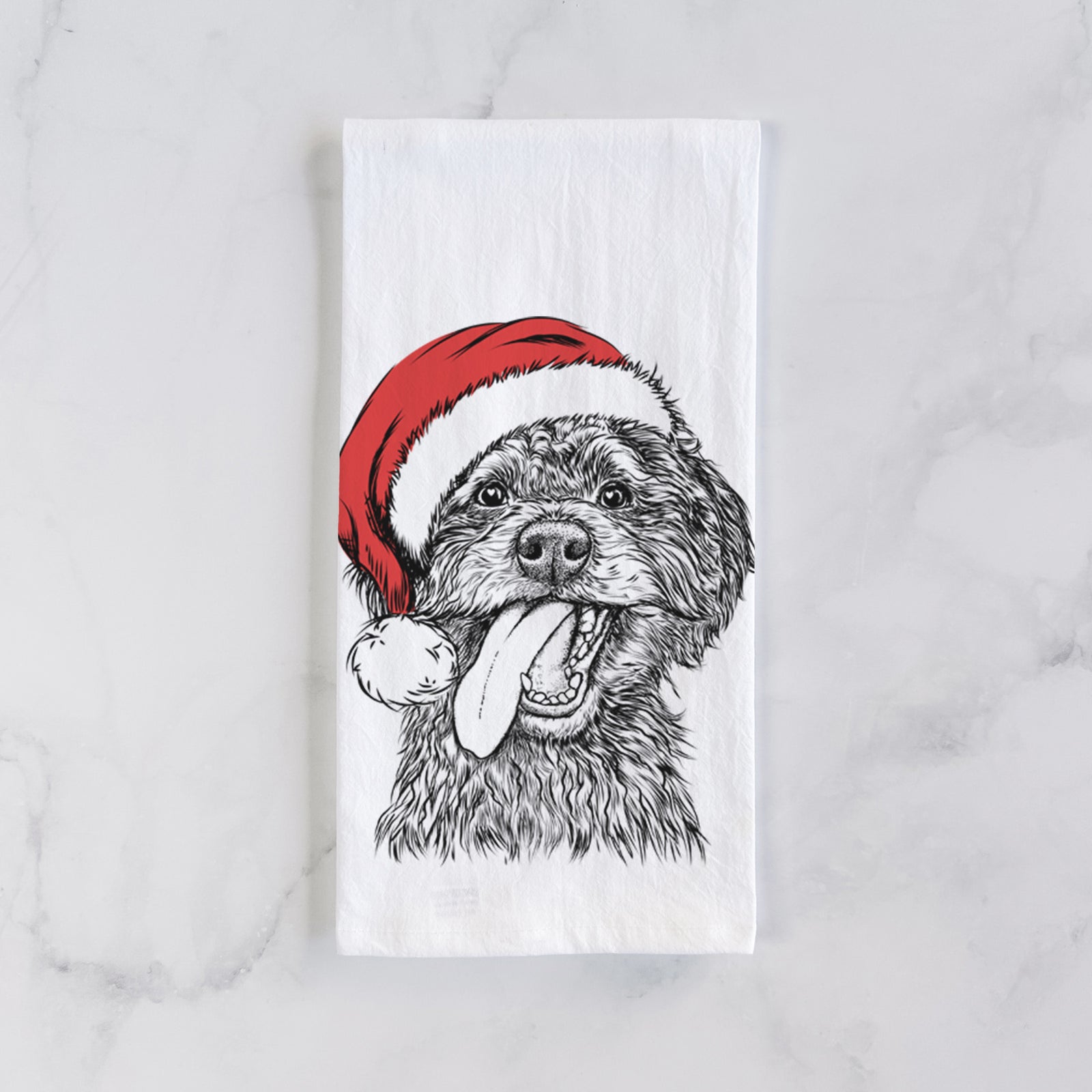 Hand-drawn sketch of Winnie the Mini Aussiedoodle wearing a Santa hat on a tea towel