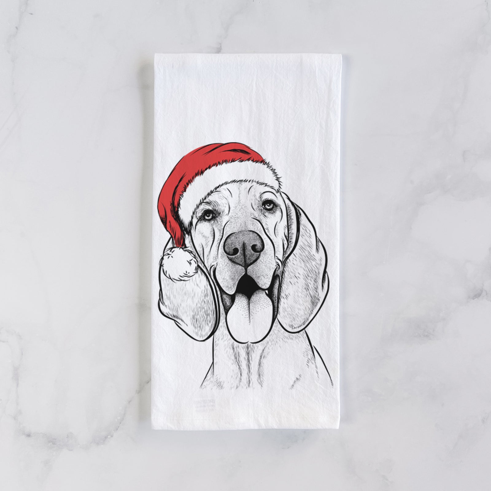 Hand-drawn sketch of Winston the Redbone Coonhound wearing a Santa hat on a tea towel
