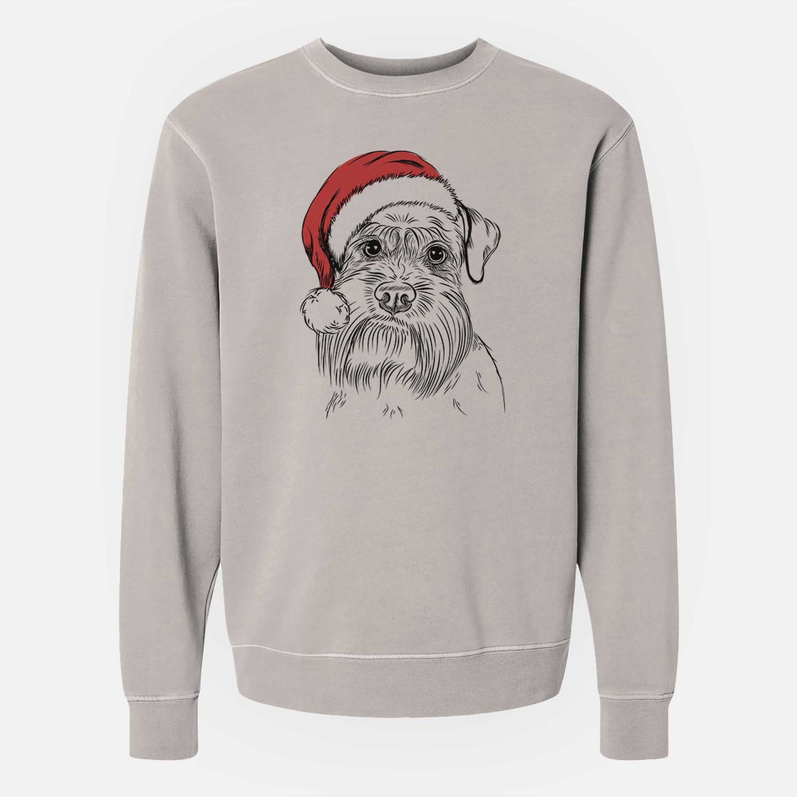 Hand-drawn sketch of Wrigley the Schnauzer wearing a Santa hat on a Cement Unisex pigment dyed crew sweatshirt